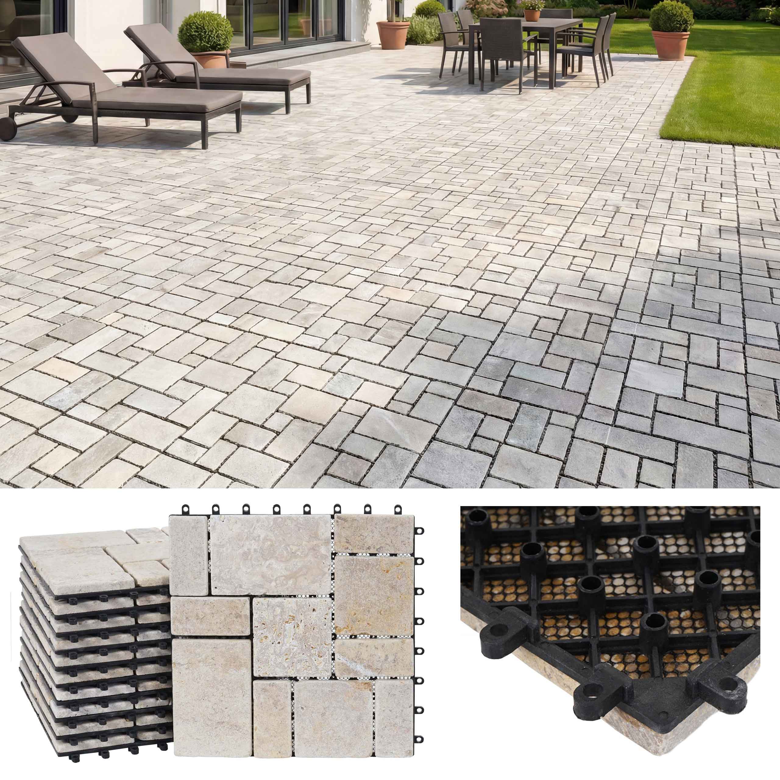 Steinfliese MCW-K70, Bodenfliese Steckfliese Balkon/Terrasse Naturstein, 11x je 30x30cm = 1m&sup2; ~ wei&szlig; - Bild 1