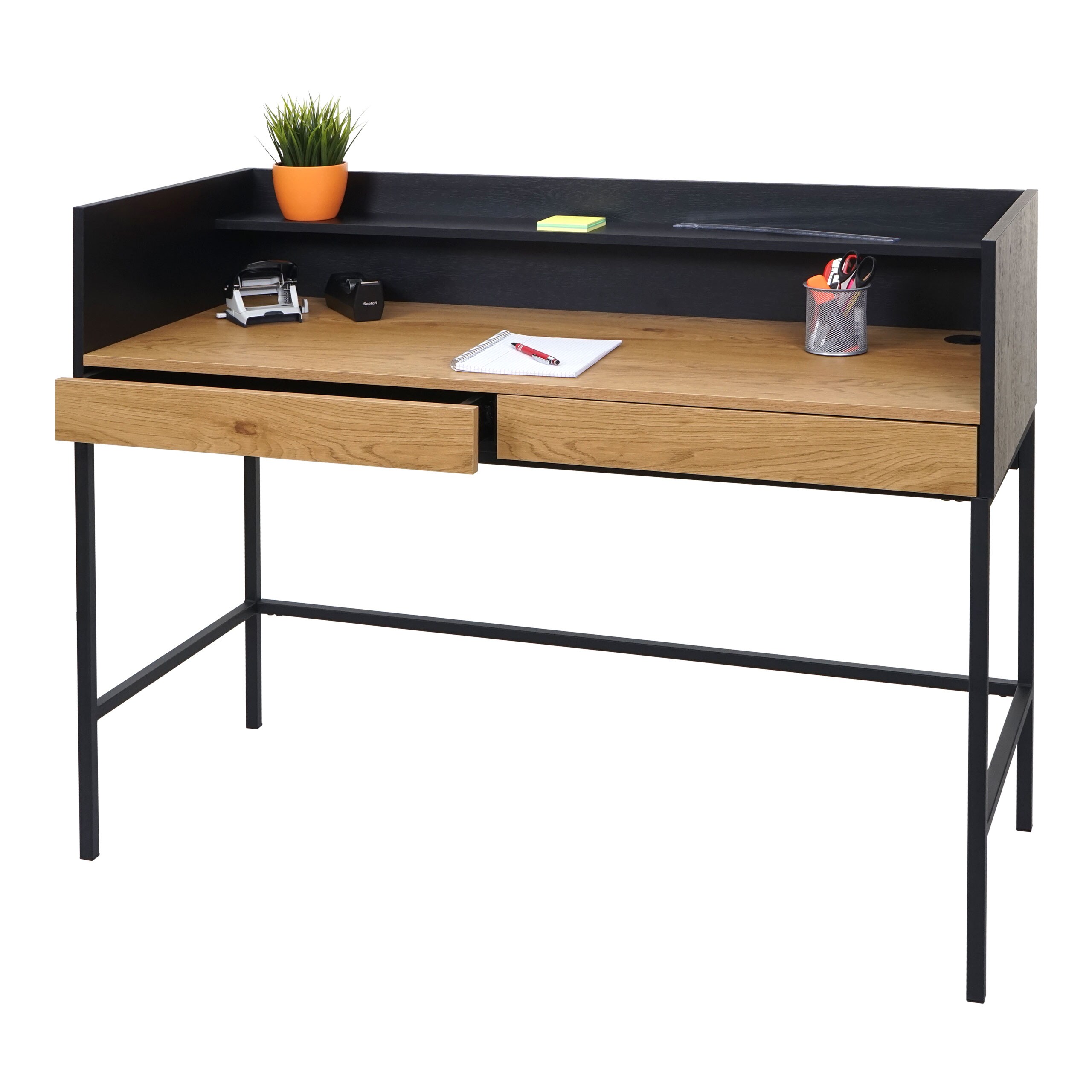 Schreibtisch MCW-J79, B&uuml;rotisch Computertisch Arbeitstisch, Schublade 120x50cm Holz Metall ~ Eiche-Optik - Bild 1
