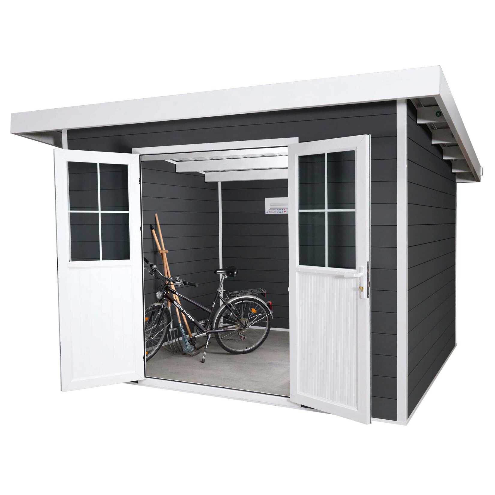 WPC Gartenhaus mit Pultdach MCW-J94, Gerätehaus Geräteschuppen, 245x366x354cm ~ graphit-weiß | 04057651809052