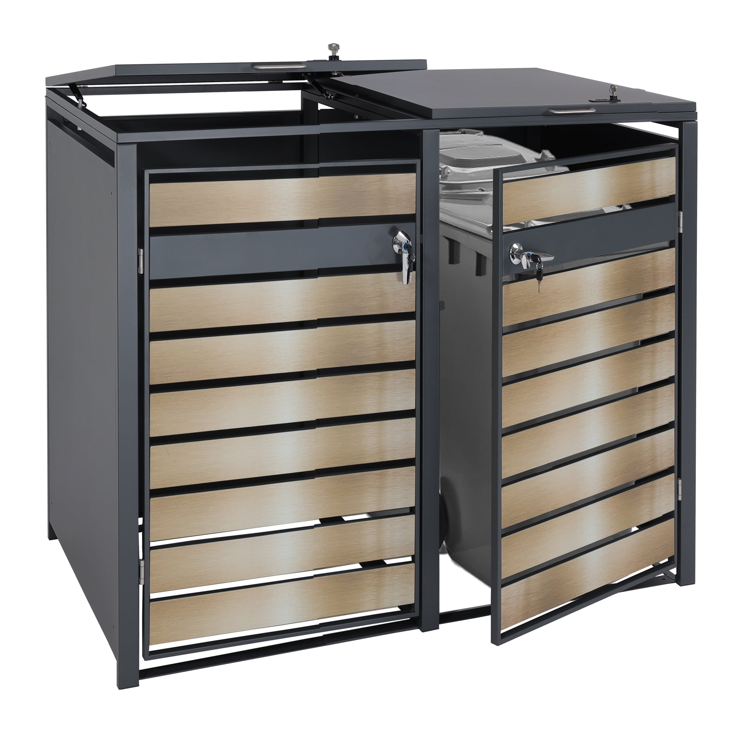 XL 2er/4er-M&uuml;lltonnenverkleidung MCW-J81, M&uuml;lltonnenbox, Metall 59kg anthrazit ~ gold - Bild 1