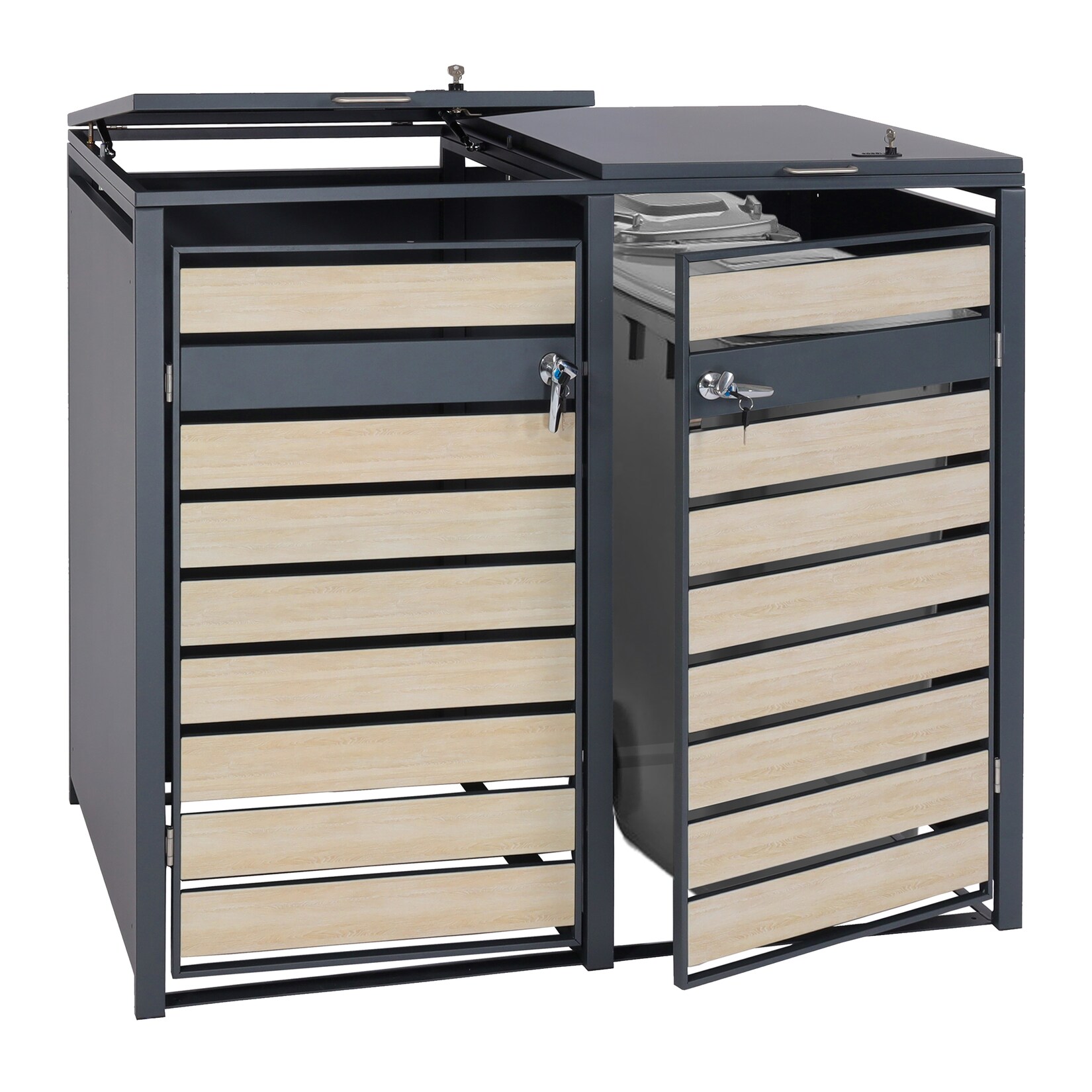 XL 2er/4er-Mülltonnenverkleidung MCW-J81, Mülltonnenbox, Metall 59kg anthrazit ~ Buche-Holzoptik hellbraun