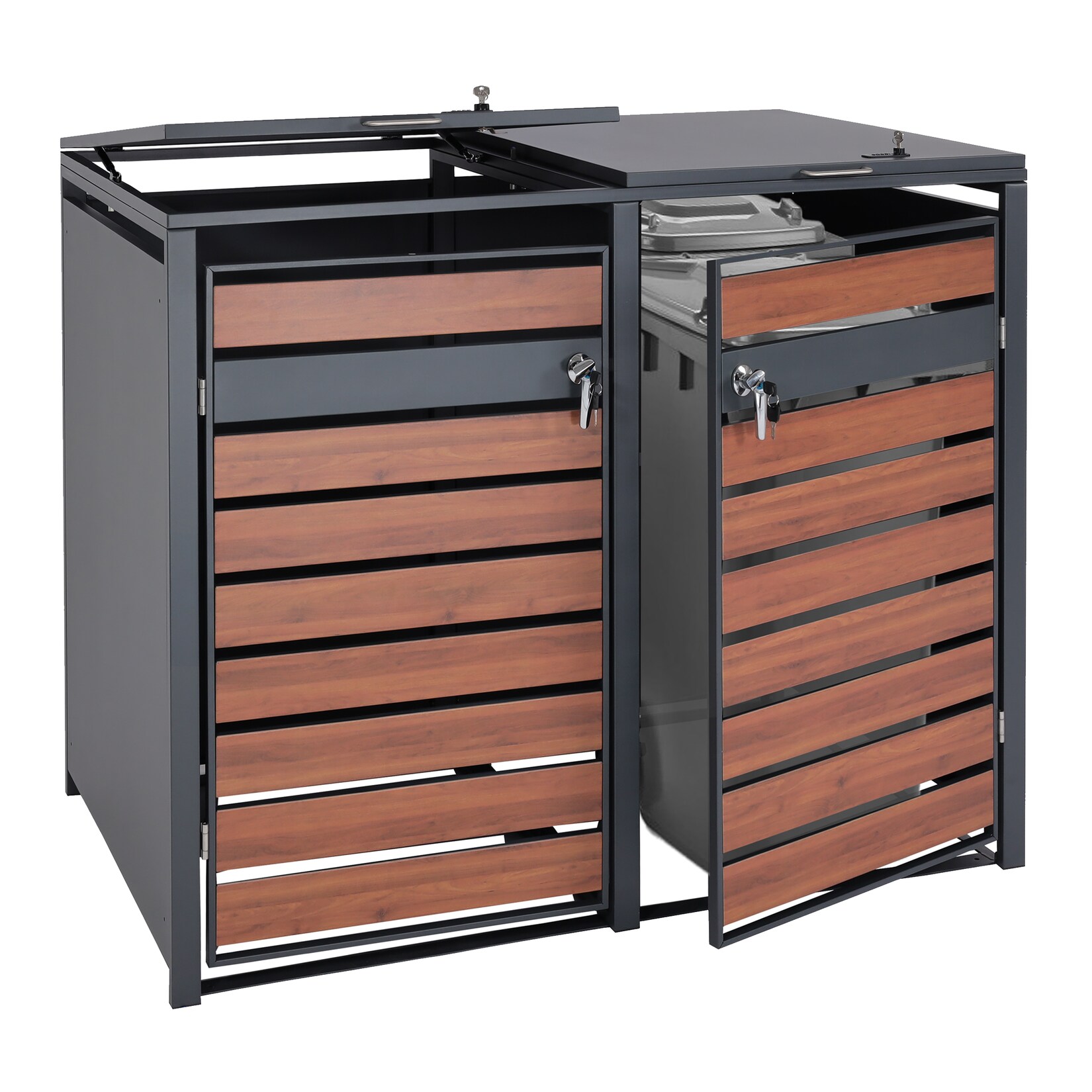 XL 2er/4er-Mülltonnenverkleidung MCW-J81, Mülltonnenbox, Metall 59kg anthrazit ~ Kirsche-Holzoptik dunkelbraun