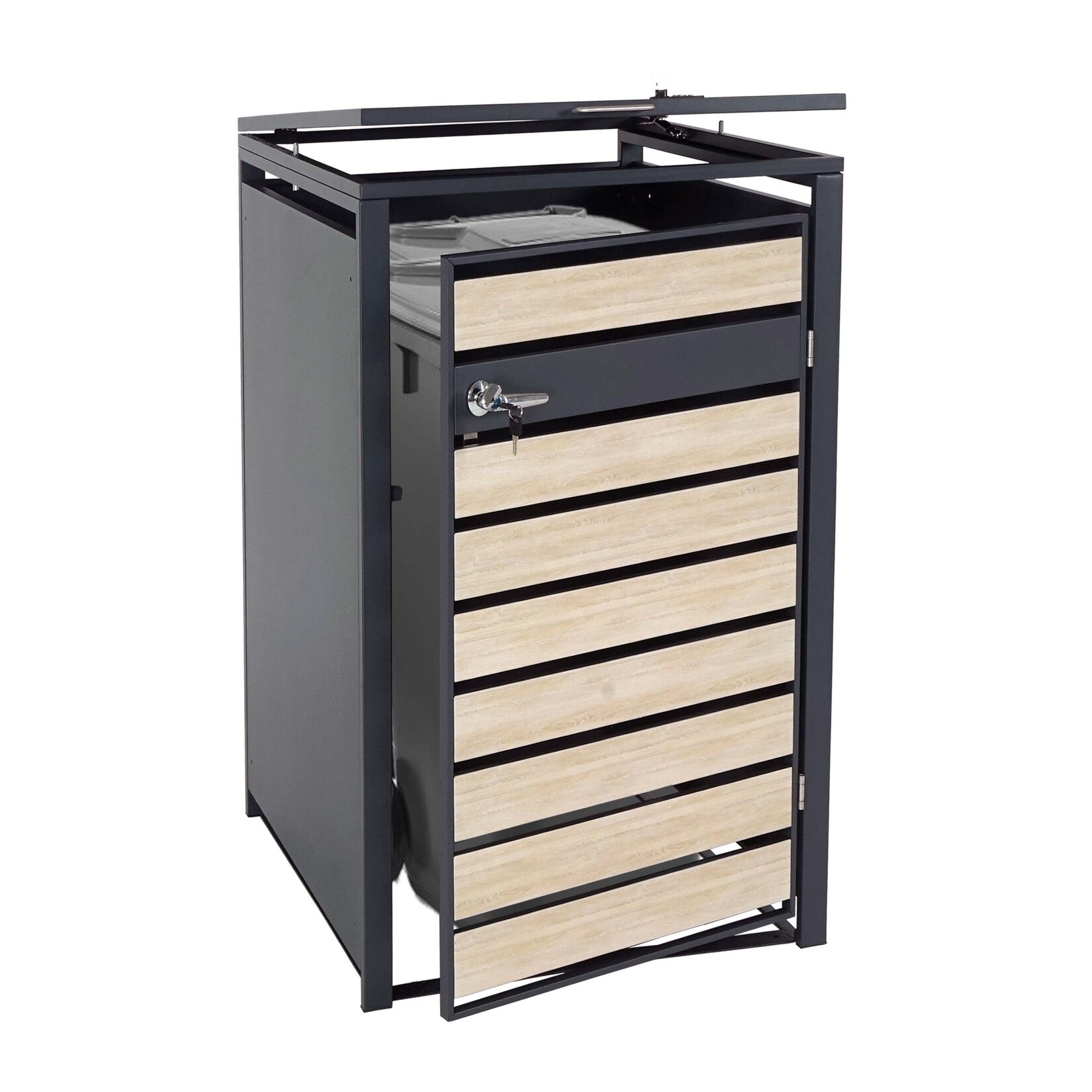 XL 1er/2er-Mülltonnenverkleidung MCW-J81, Mülltonnenbox, Metall 36kg anthrazit ~ Buche-Holzoptik hellbraun