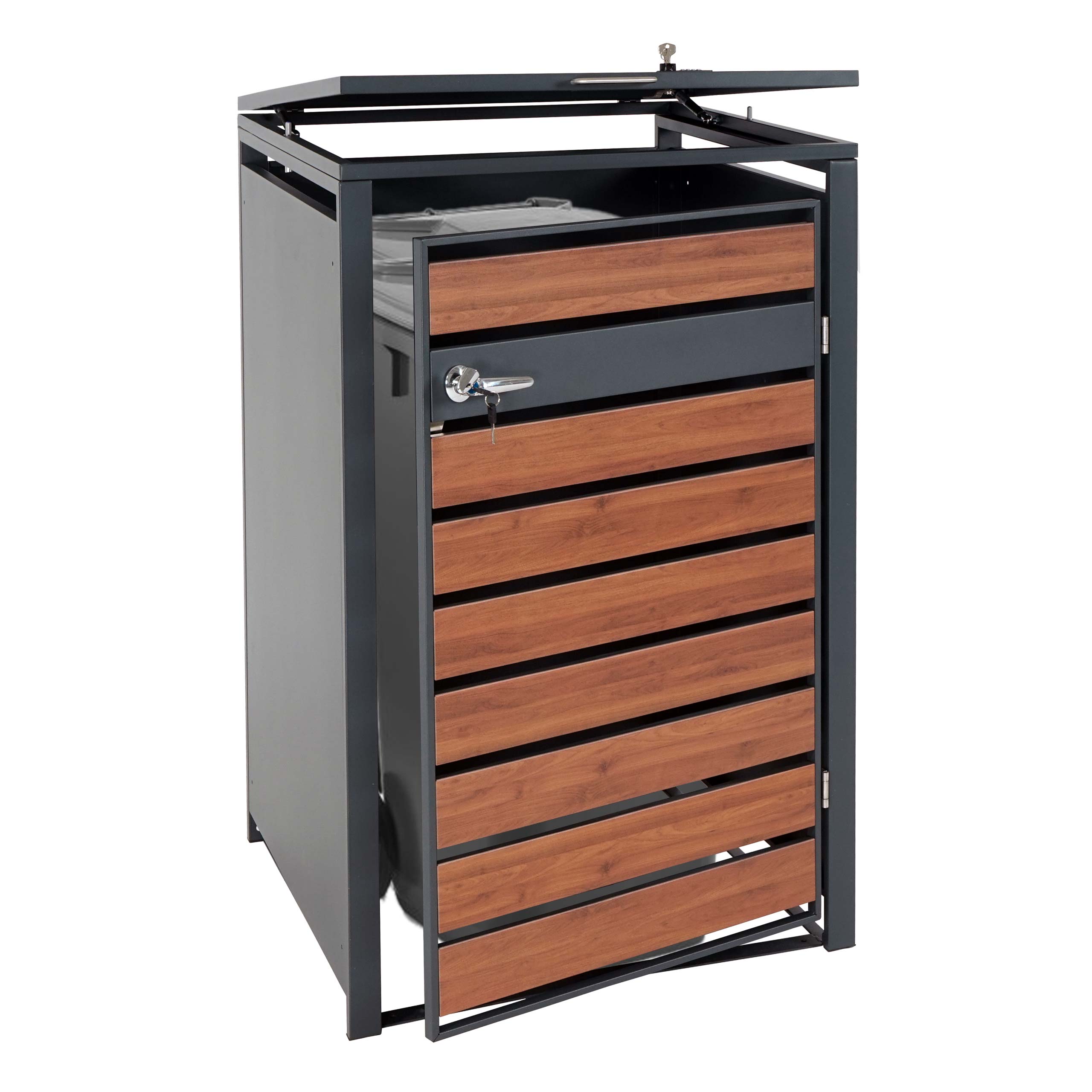 XL 1er/2er-M&uuml;lltonnenverkleidung MCW-J81, M&uuml;lltonnenbox, Metall 36kg anthrazit ~ Kirsche-Holzoptik dunkelbraun - Bild 1