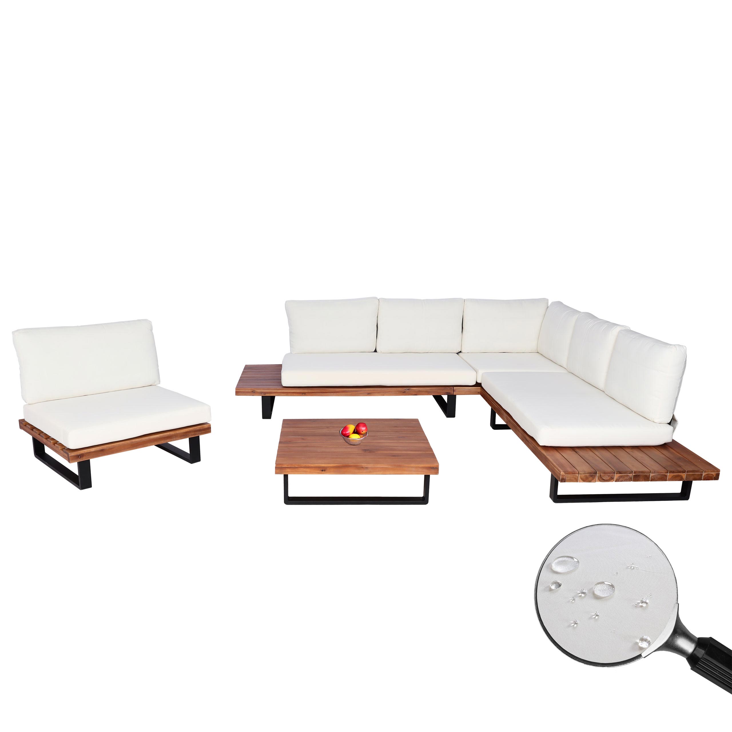 Garten-Garnitur mit Sessel MCW-H54, Lounge-Set Sofa, Spun Poly Akazie Holz MVG Aluminium ~ braun, Polster cremewei&szlig; - Bild 1