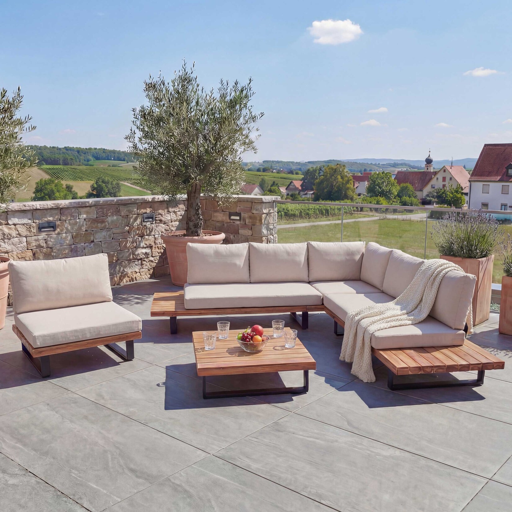 Garten-Garnitur mit Sessel MCW-H54, Lounge-Set Sofa, Spun Poly Akazie Holz MVG Aluminium ~ hellbraun, Polster beige
