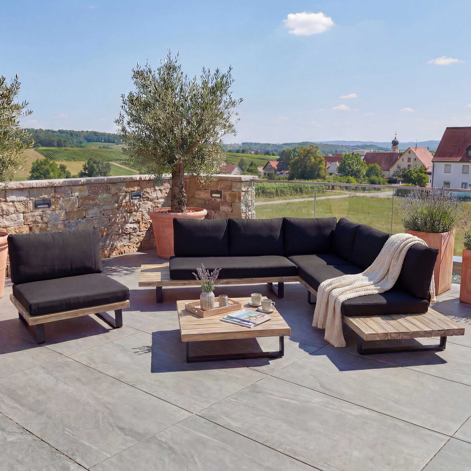 Garten-Garnitur mit Sessel MCW-H54, Lounge-Set Sofa, Spun Poly Akazie Holz MVG Aluminium ~ hellbraun, Polster dunkelgrau