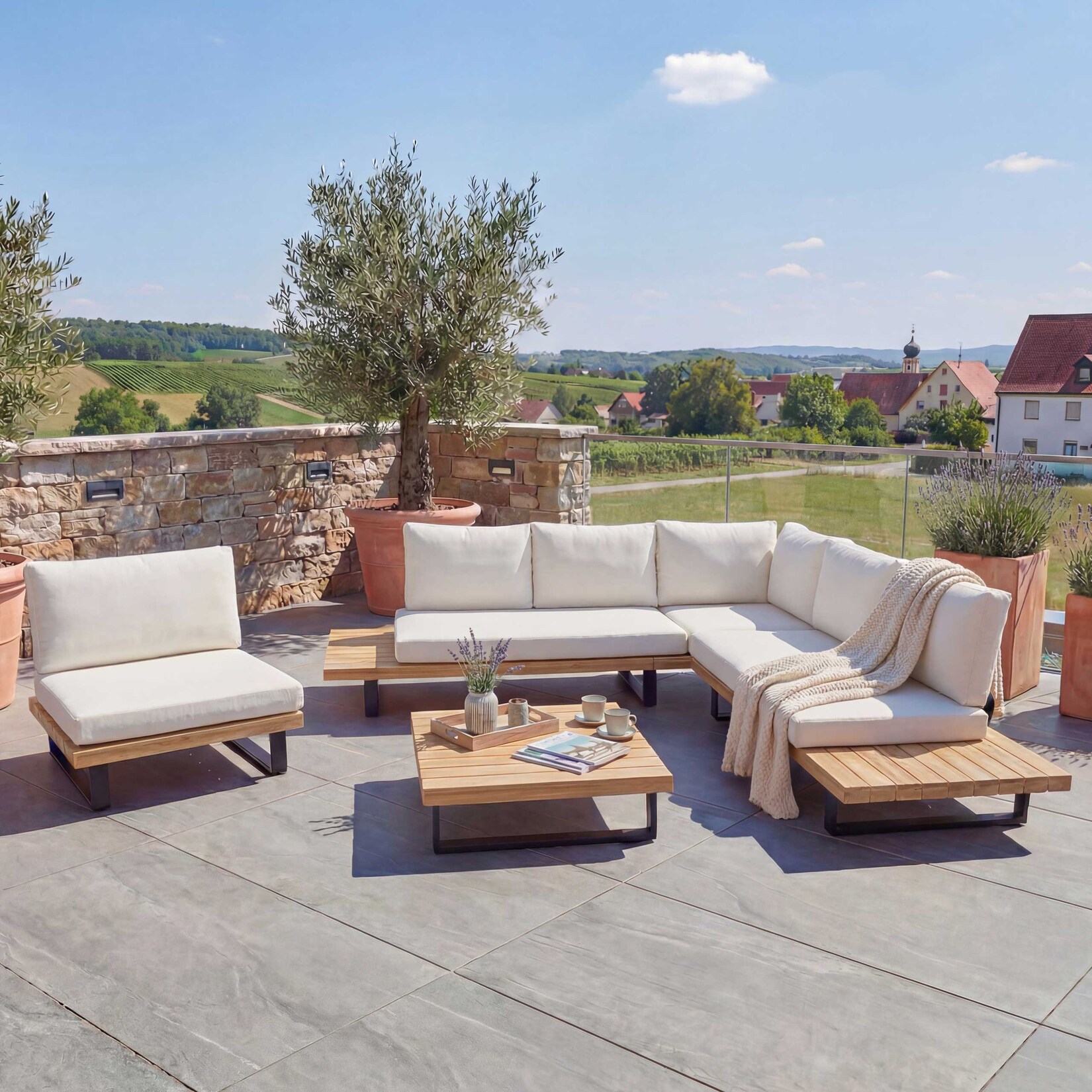 Garten-Garnitur mit Sessel MCW-H54, Lounge-Set Sofa, Spun Poly Akazie Holz MVG Aluminium ~ hellbraun, Polster cremeweiß