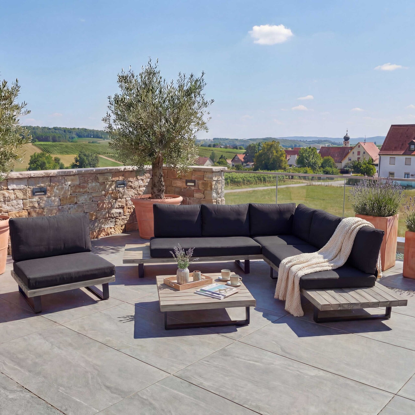 Garten-Garnitur mit Sessel MCW-H54, Lounge-Set Sofa, Spun Poly Akazie Holz MVG Aluminium ~ grau, Polster dunkelgrau