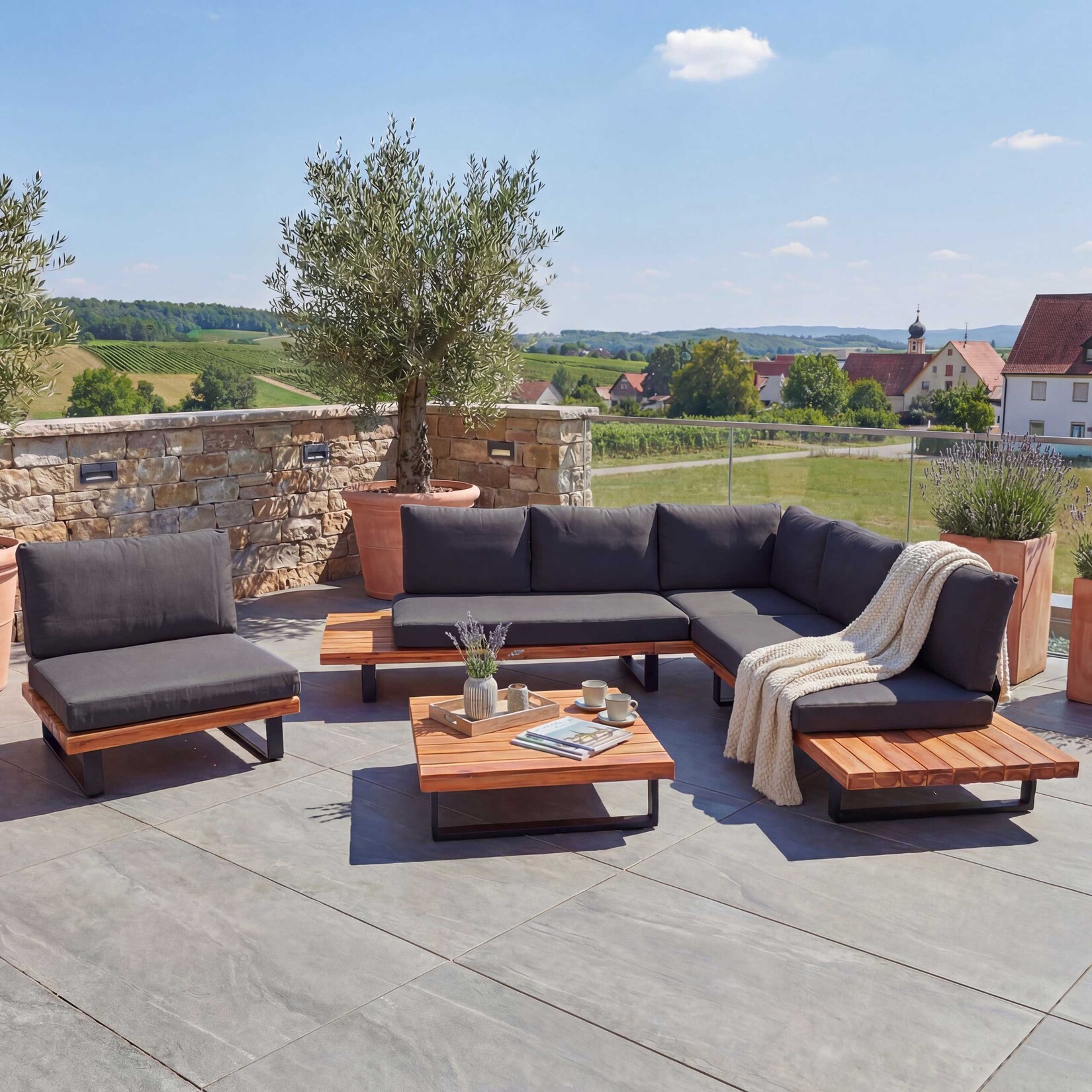 Garten-Garnitur mit Sessel MCW-H54, Lounge-Set Sofa, Spun Poly Akazie Holz MVG Aluminium ~ braun, Polster dunkelgrau