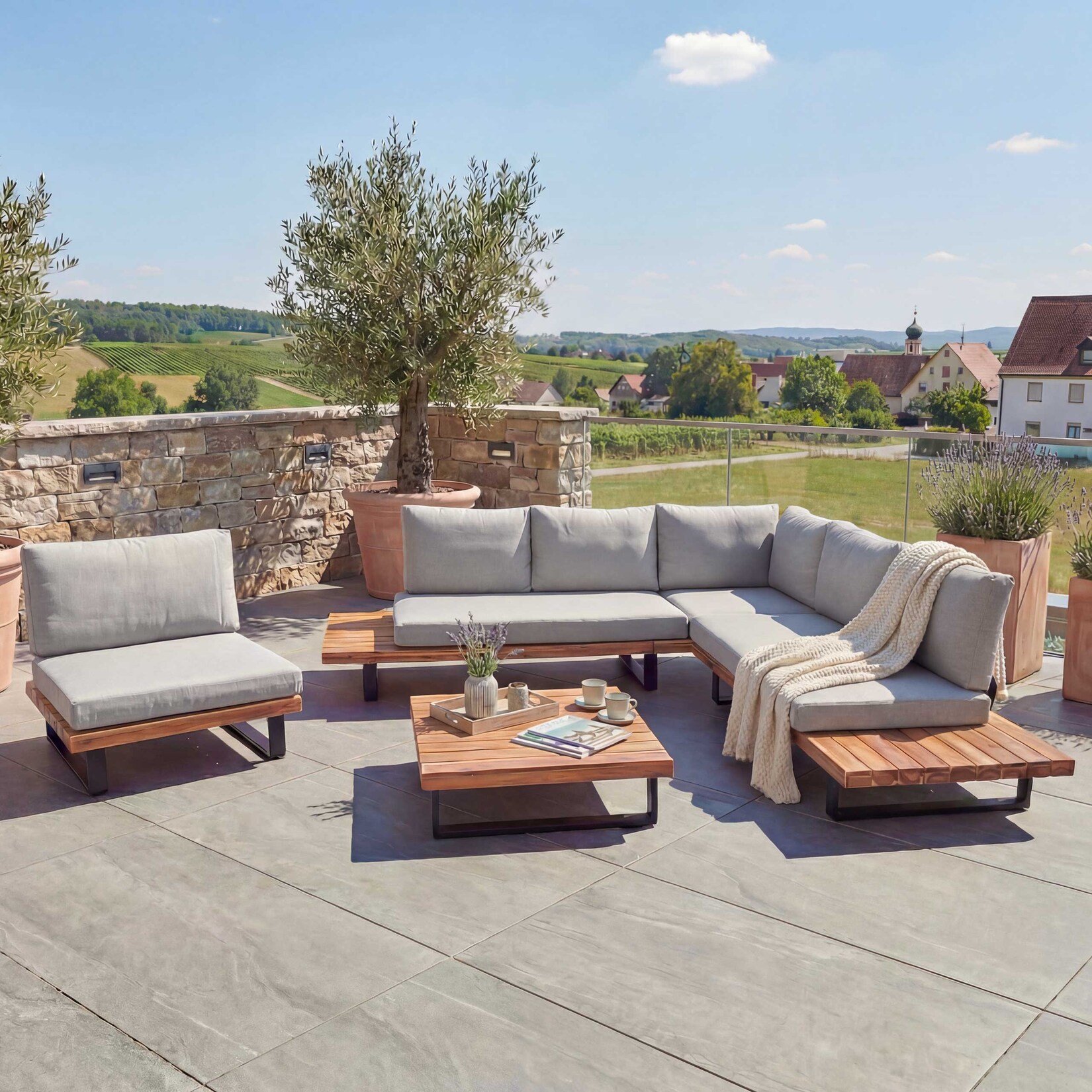 Garten-Garnitur mit Sessel MCW-H54, Lounge-Set Sofa, Spun Poly Akazie Holz MVG Aluminium ~ hellbraun, Polster hellgrau
