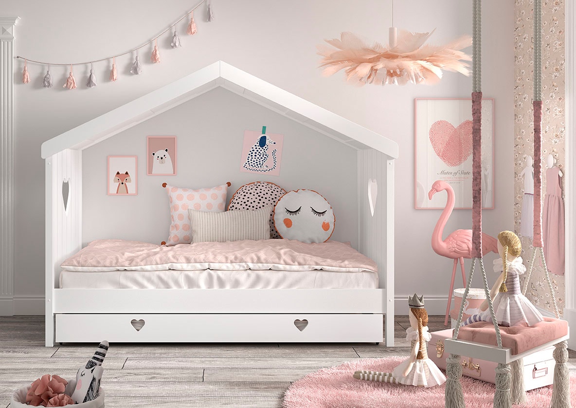 Hausbett Amori mit Liegefläche 90 x 200 cm, inkl. Rolllattenros - versch. Ausführungen - Bettschublade, Ausf. Kiefer und MDF weiß lackiert