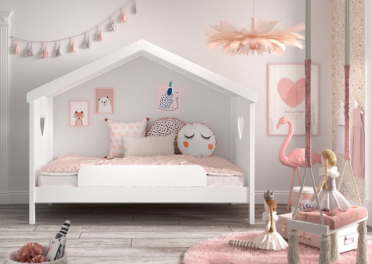 Hausbett Amori mit Liegefl&auml;che 90 x 200 cm, inkl. Rolllattenros - versch. Ausf&uuml;hrungen-mit Absturzschutz Kiefer und MDF wei&szlig; lackiert - Bild 1