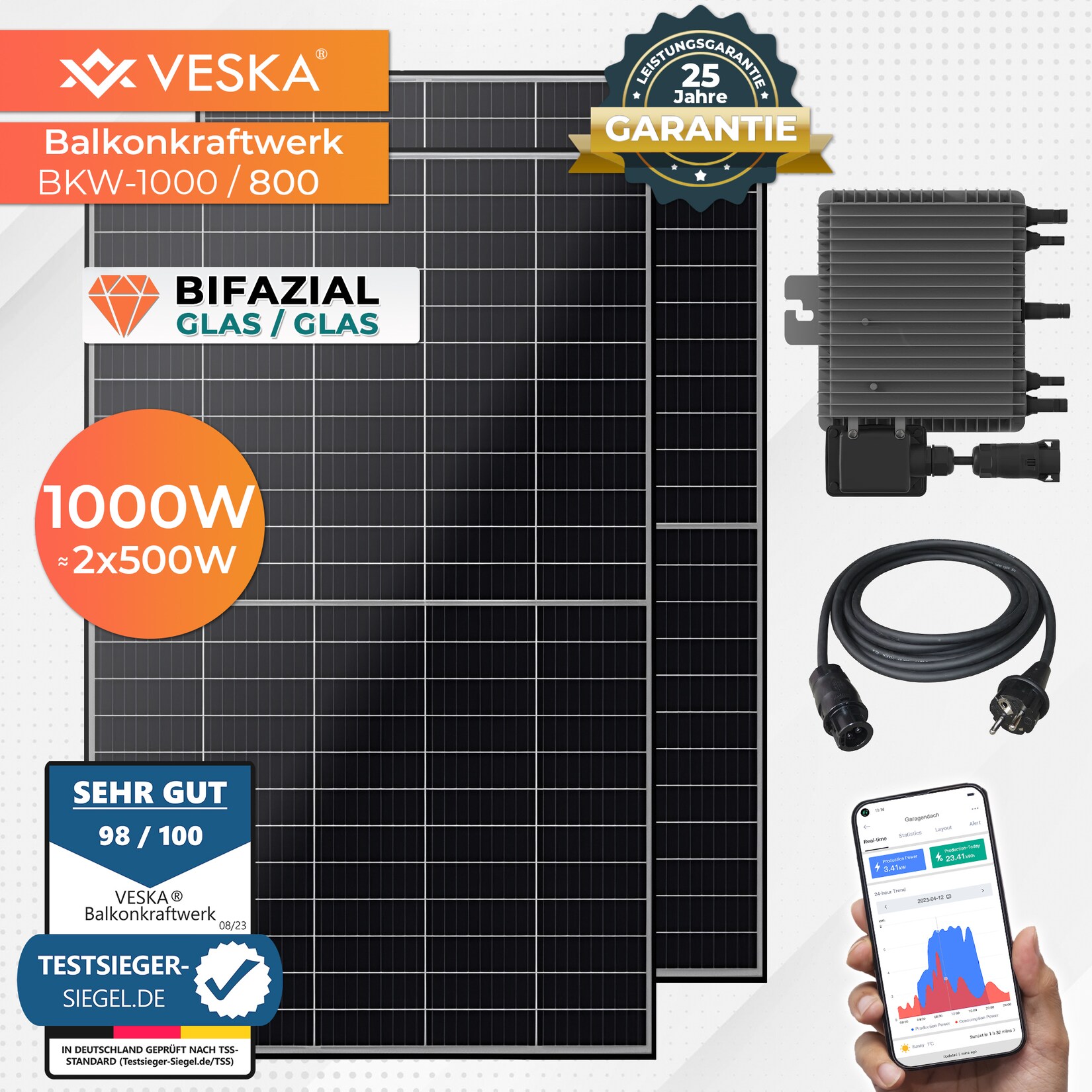Balkonkraftwerk Veska 1000 – mit zwei bifazialen Solarmodulen, 800-Watt-Wechselrichter von Deye Sun & Kabeln