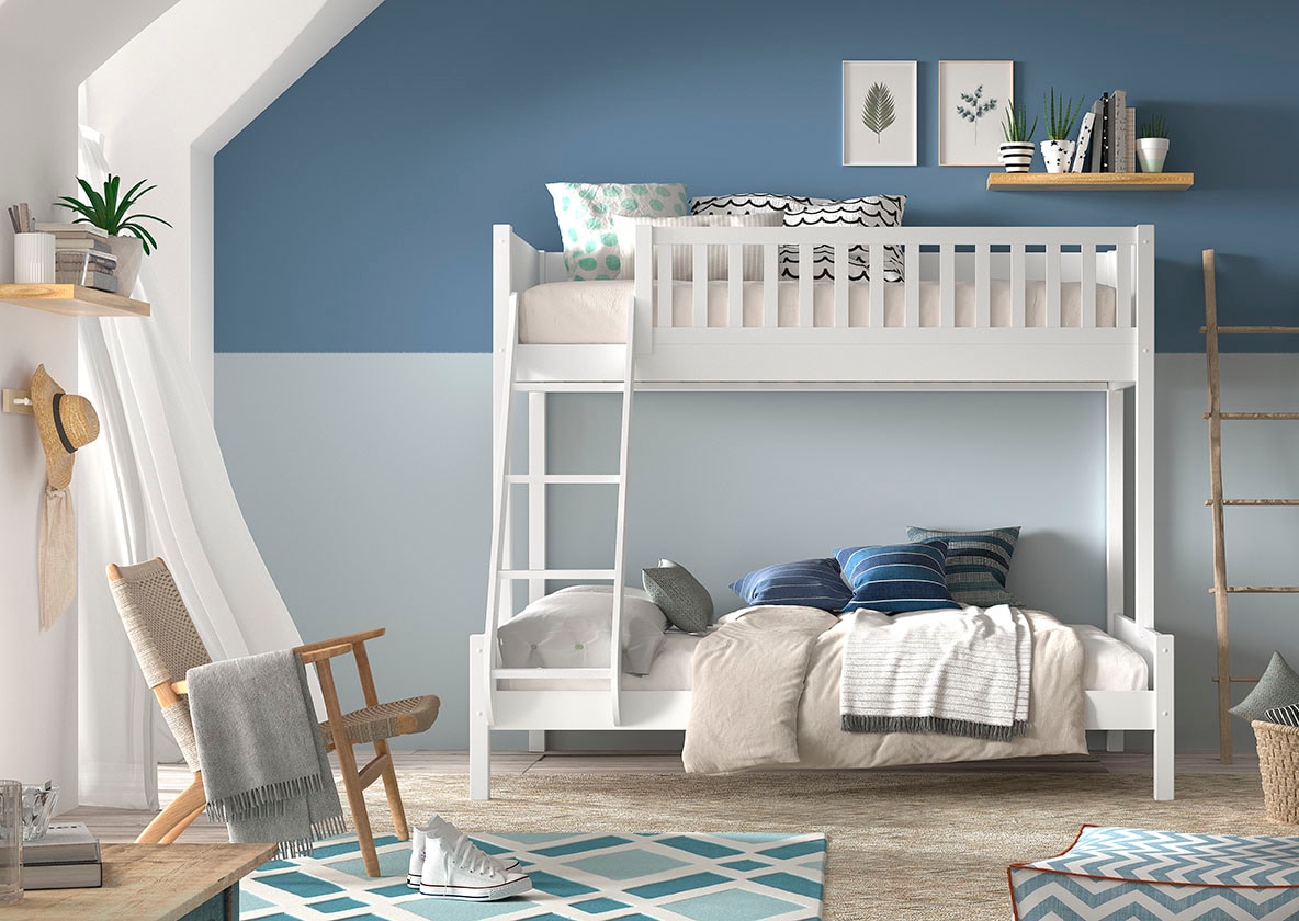 SCOTT Familienbett mit Liegefl&auml;che 90x200 u. 140x200 cm, inkl. Rolllattenrost u. Leiter, Kiefer wei&szlig; lackiert - Bild 1