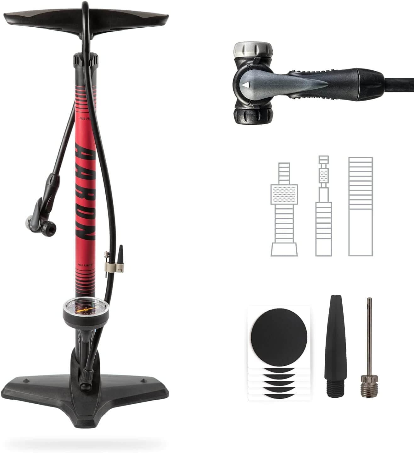 AARON Luftpumpe Sport One in Rot Fahrrad-Stand-Pumpe für alle Ventile mit Manometer | 04260379344396