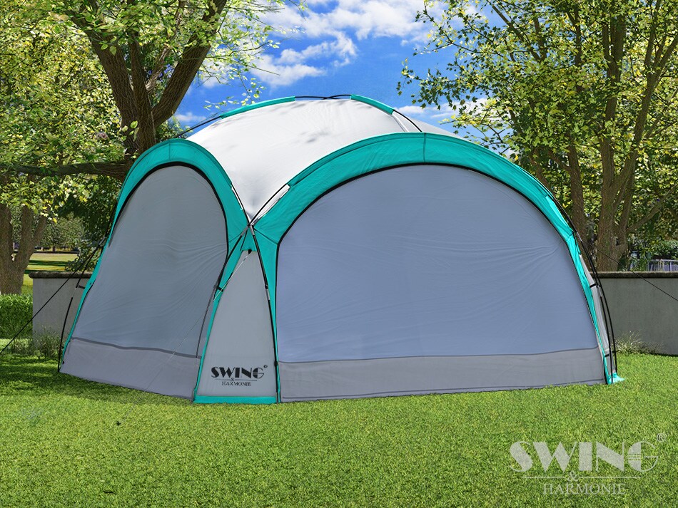 XXL LED Event Pavillon 4,5 X 4,5 M DomeShelter – Mit Solarmodul, Moskitonetzen & Seitenwänden, Garten- & Partyzelt