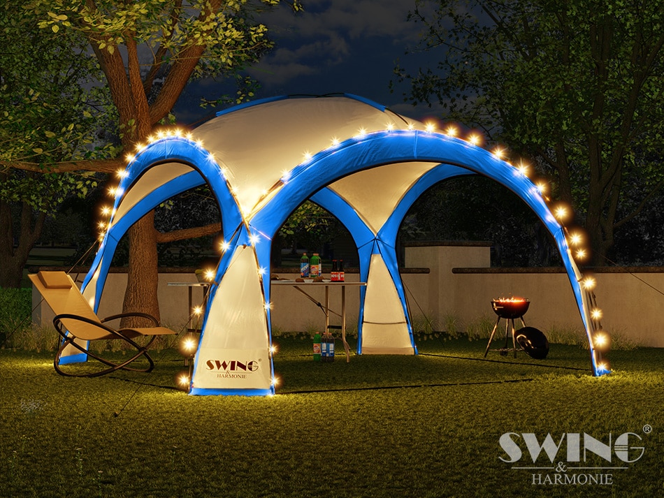 Swing&Harmonie LED Event Pavillon 3,6 x 3,6m DomeShelter Garten Pavillion inkl. Solarmodul Pavilion Designer Gartenzelt Camping Pavilon Partyzelt mit Beleuchtung - versch. Ausführungen