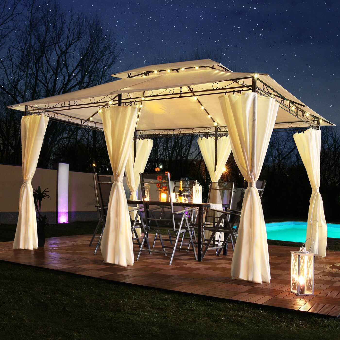 Swing&Harmonie Luxus LED – Pavillon 3x4m Minzo – inkl. Seitenwände mit LED Beleuchtung + Solarmodul Gartenpavillon, creme