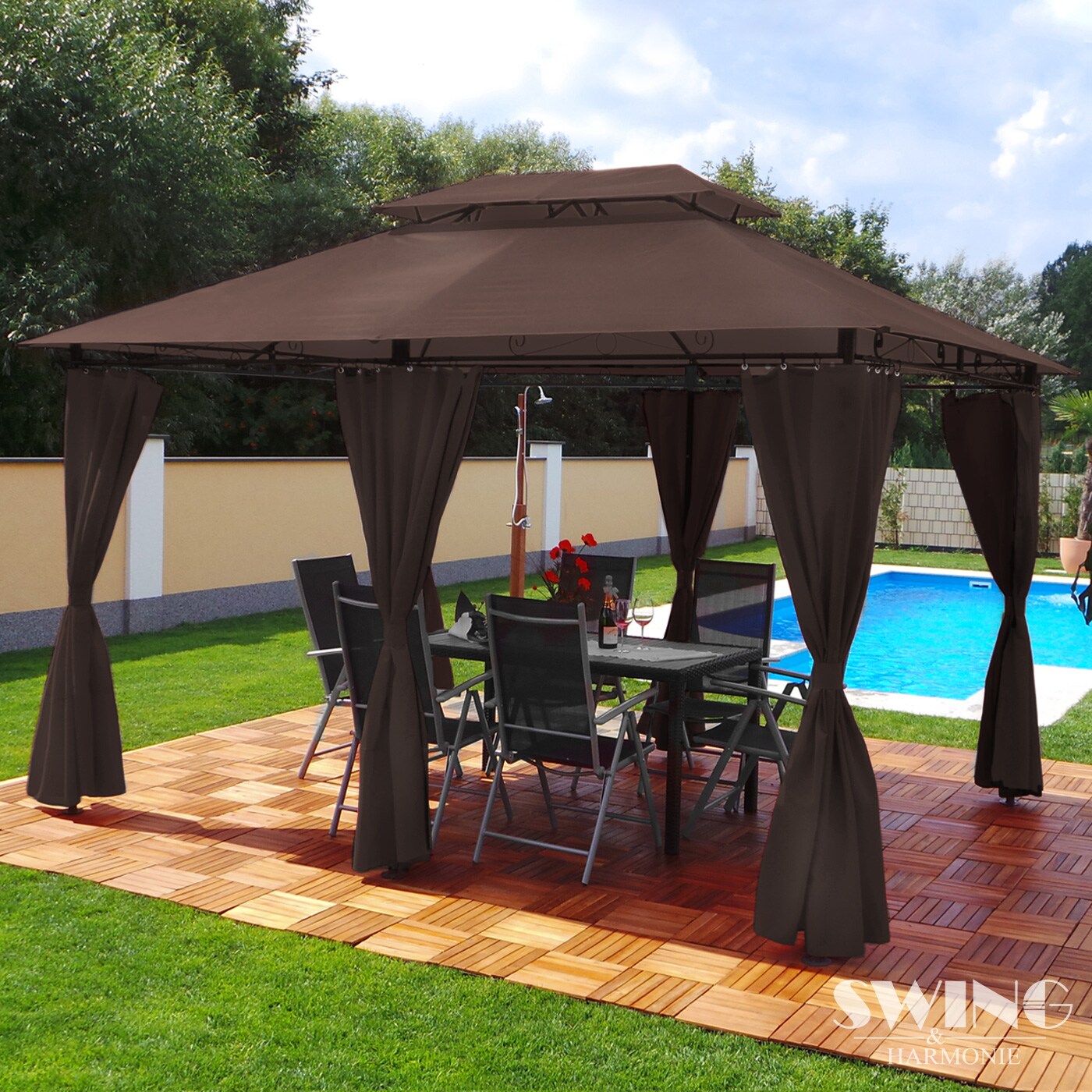 Swing&Harmonie Luxus LED – Pavillon 3x4m Minzo – inkl. Seitenwände mit LED Beleuchtung + Solarmodul Gartenpavillon, braun