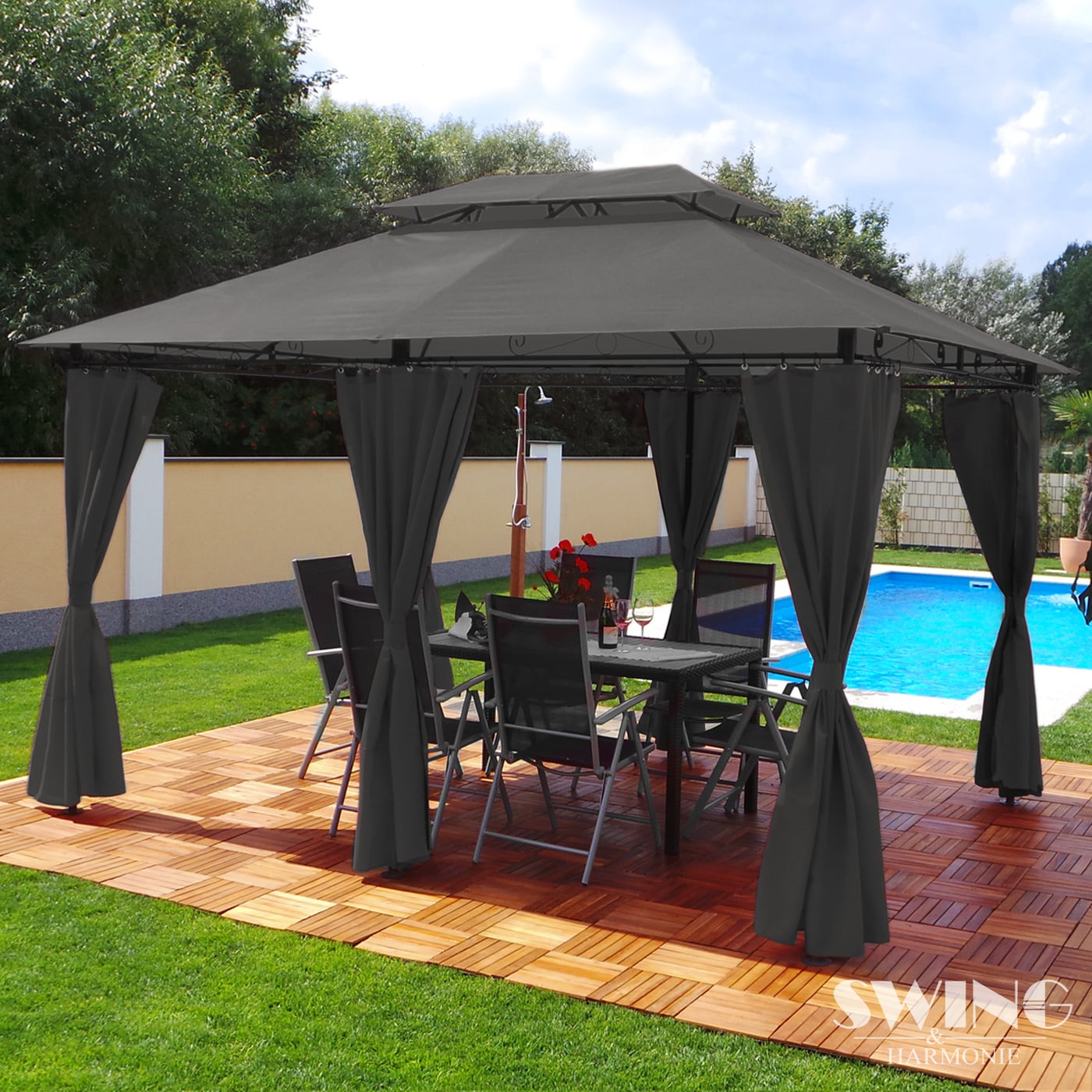 Swing&Harmonie Luxus LED - Pavillon 3x4m Minzo - inkl. Seitenwände mit LED Beleuchtung + Solarmodul Gartenpavillion, anthrazit