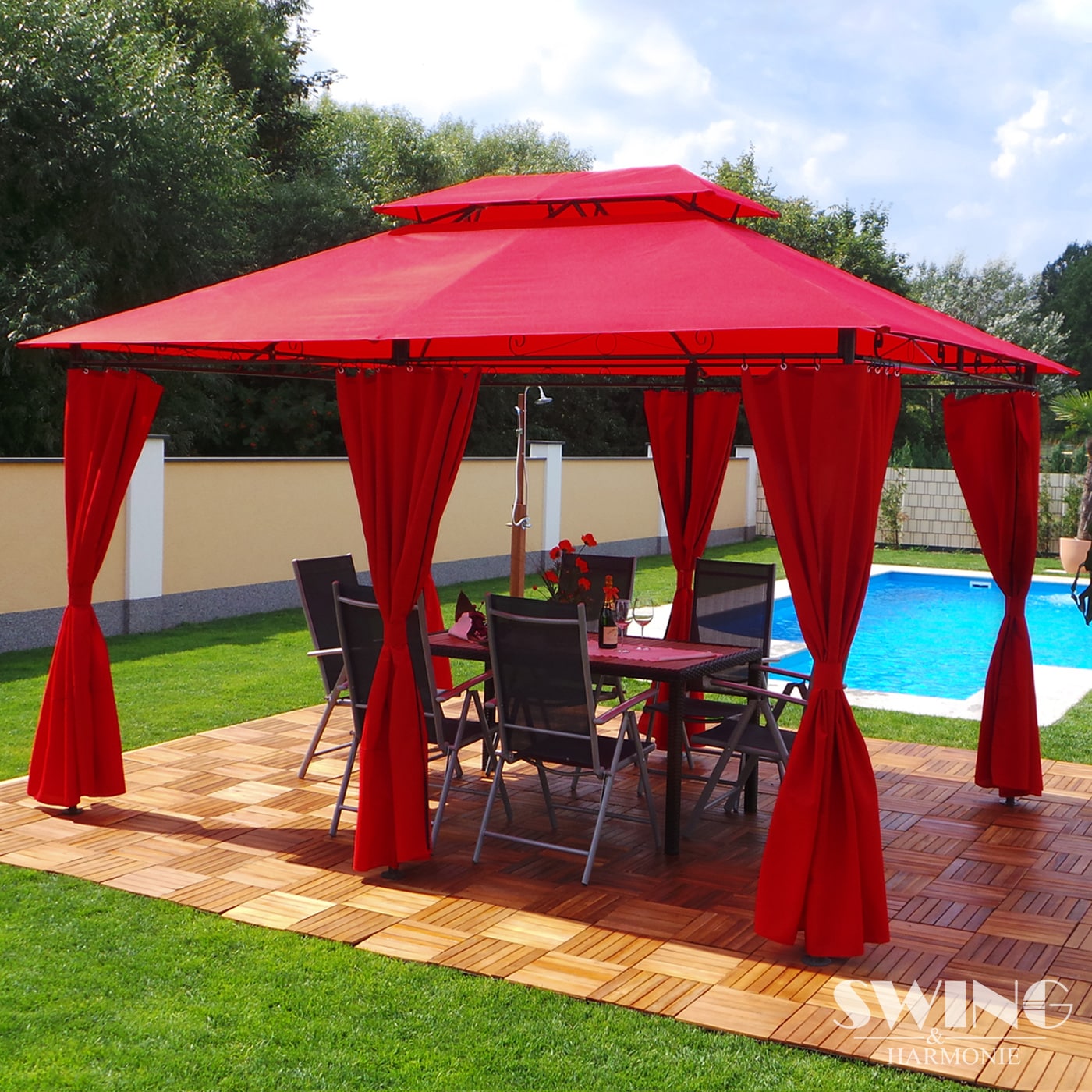 Swing&Harmonie Luxus LED - Pavillon 3x4m Minzo - inkl. Seitenwände mit LED Beleuchtung + Solarmodul Gartenpavillon, rot