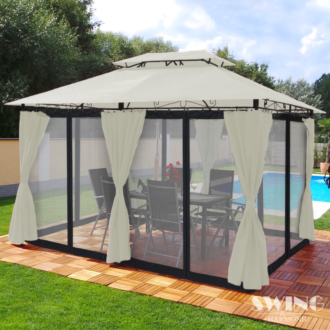 Swing&Harmonie Luxus LED - Pavillon 3x4m Minzo - inkl. Seitenwände mit LED Beleuchtung + Solarmodul Gartenpavillon mit Moskitonetz …