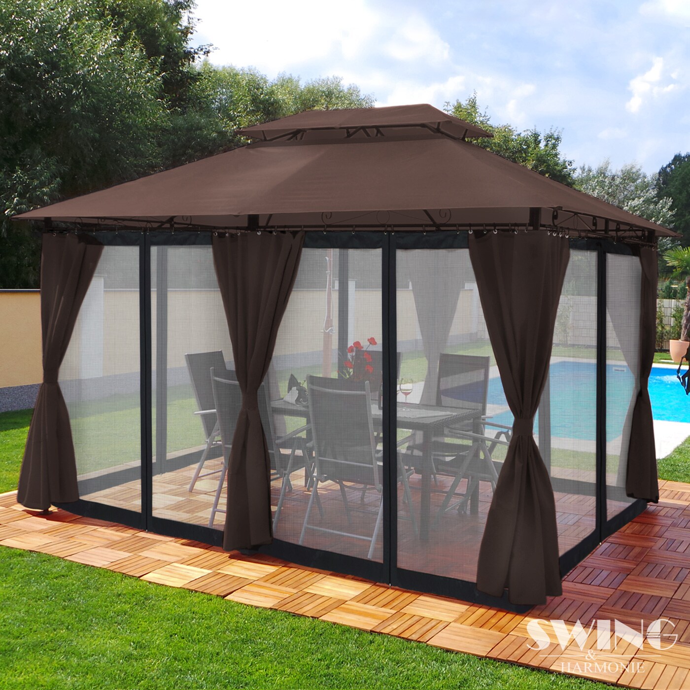 Swing&Harmonie Luxus LED - Pavillon 3x4m Minzo - inkl. Seitenw&auml;nde mit LED Beleuchtung + Solarmodul Gartenpavillon mit Moskitonetz Partyzelt Gartenzelt in Braun - Bild 1