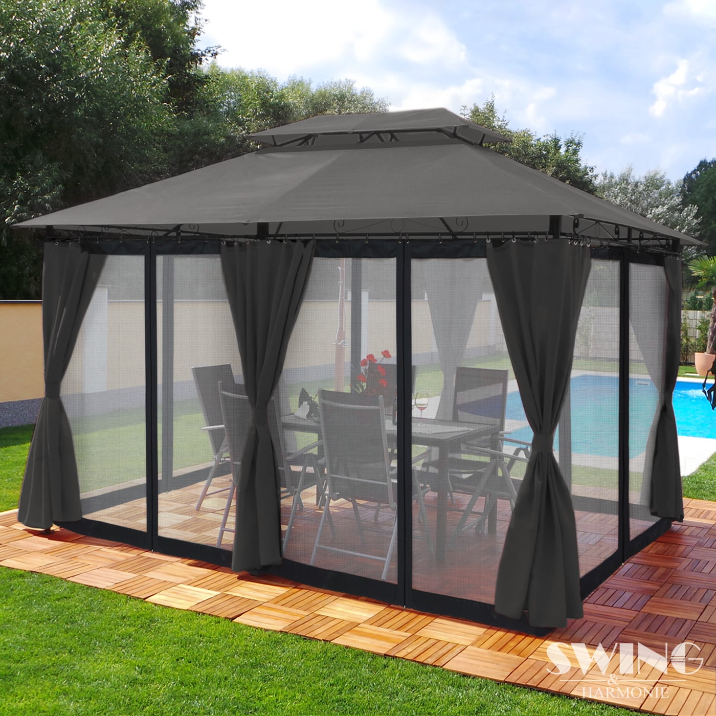 Swing&Harmonie Luxus LED - Pavillon 3x4m Minzo - inkl. Seitenwände mit LED Beleuchtung + Solarmodul Gartenpavillon mit Moskitonetz …