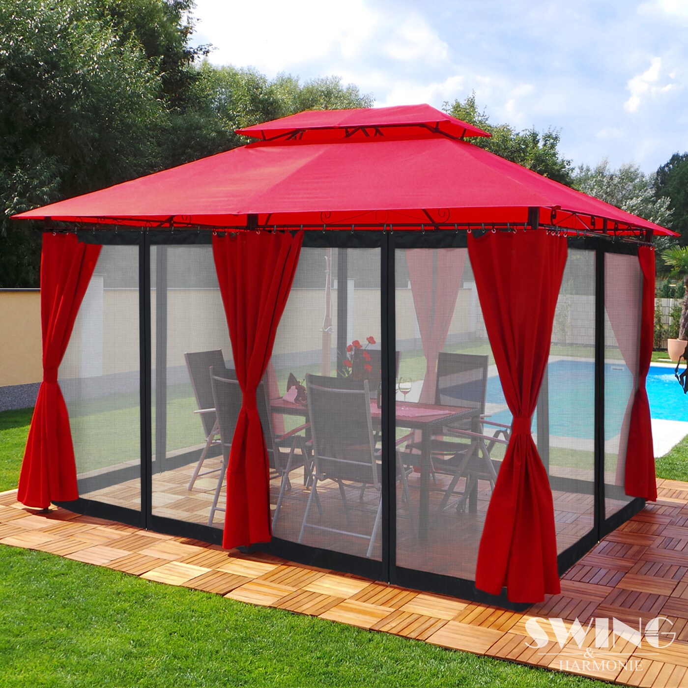 Swing&Harmonie Luxus LED – Pavillon 3x4m Minzo – inkl. Seitenwände mit LED Beleuchtung + Solarmodul Gartenpavillon mit Moskitonetz Partyzelt Gartenzelt in Rot | 04054748991553
