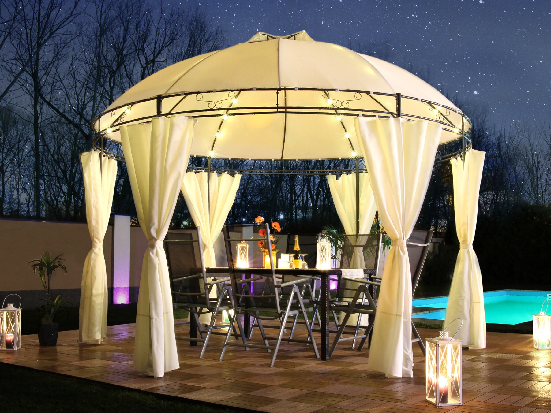 Swing&Harmonie LED - Pavillon 350cm Lavo - mit Seitenw&auml;nden und LED Beleuchtung + Solarmodul Runder Gartenpavillon Partyzelt Gartenzelt Rund - versch. Ausf&uuml;hrungen - Bild 1