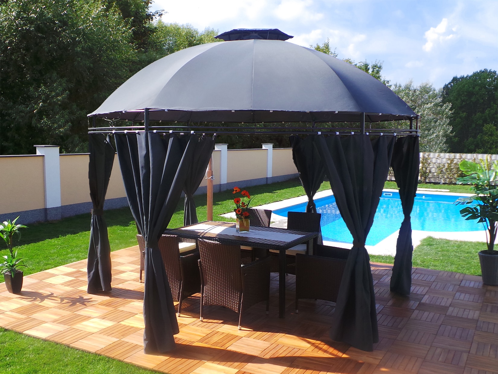 Swing&Harmonie LED - Pavillon 350cm Lavo - mit Seitenwänden und LED Beleuchtung + Solarmodul Runder Gartenpavillon Partyzelt Gartenzelt …