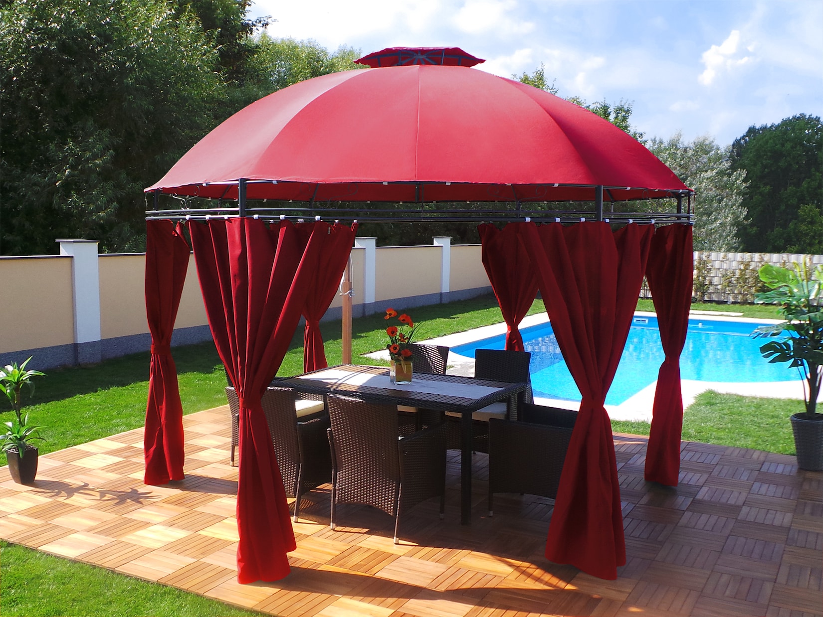 Swing&Harmonie LED - Pavillon 350cm Lavo - mit Seitenwänden und LED Beleuchtung + Solarmodul Runder Gartenpavillon Partyzelt Gartenzelt …