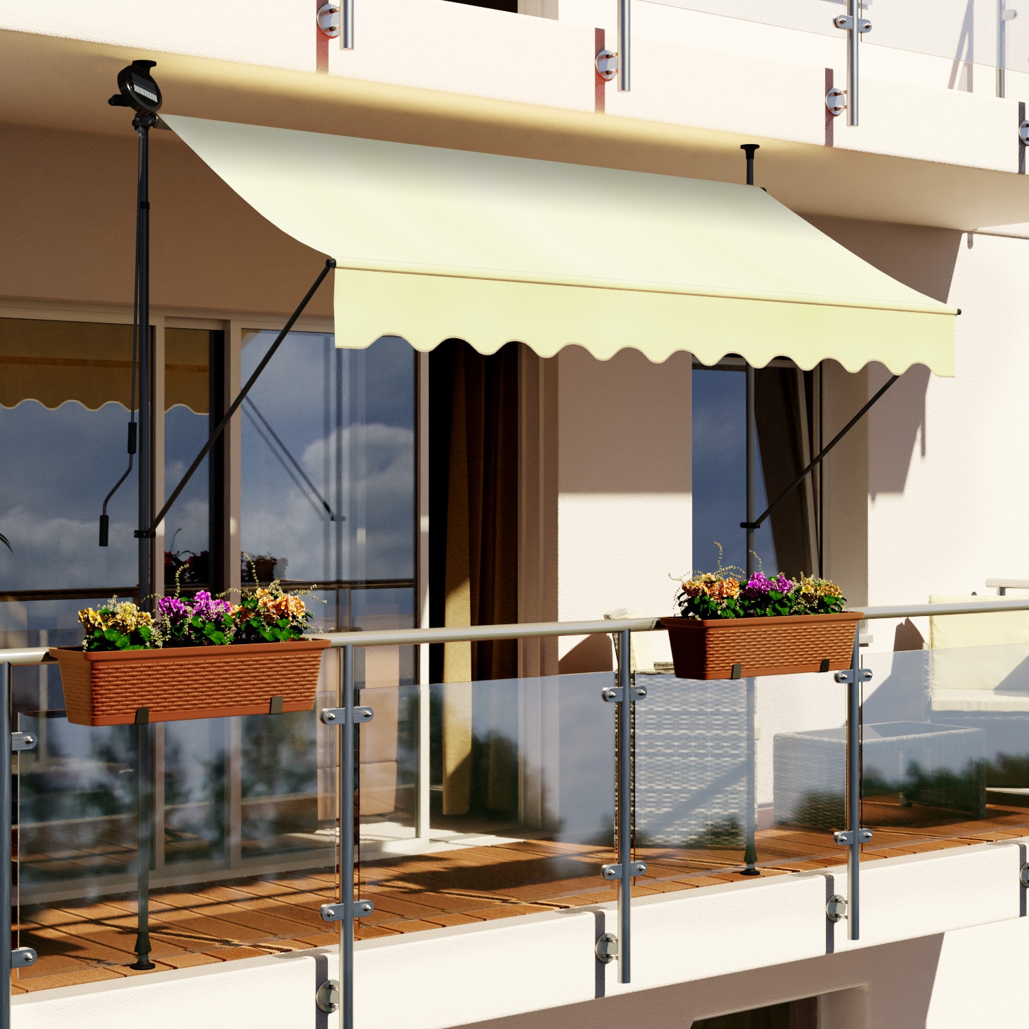 Swing&Harmonie LED - Markise mit Kurbel Klemmmarkise Balkonmarkise mit Beleuchtung und Solarmodul Fallarm Markise Sonnenschutz Terrasse …
