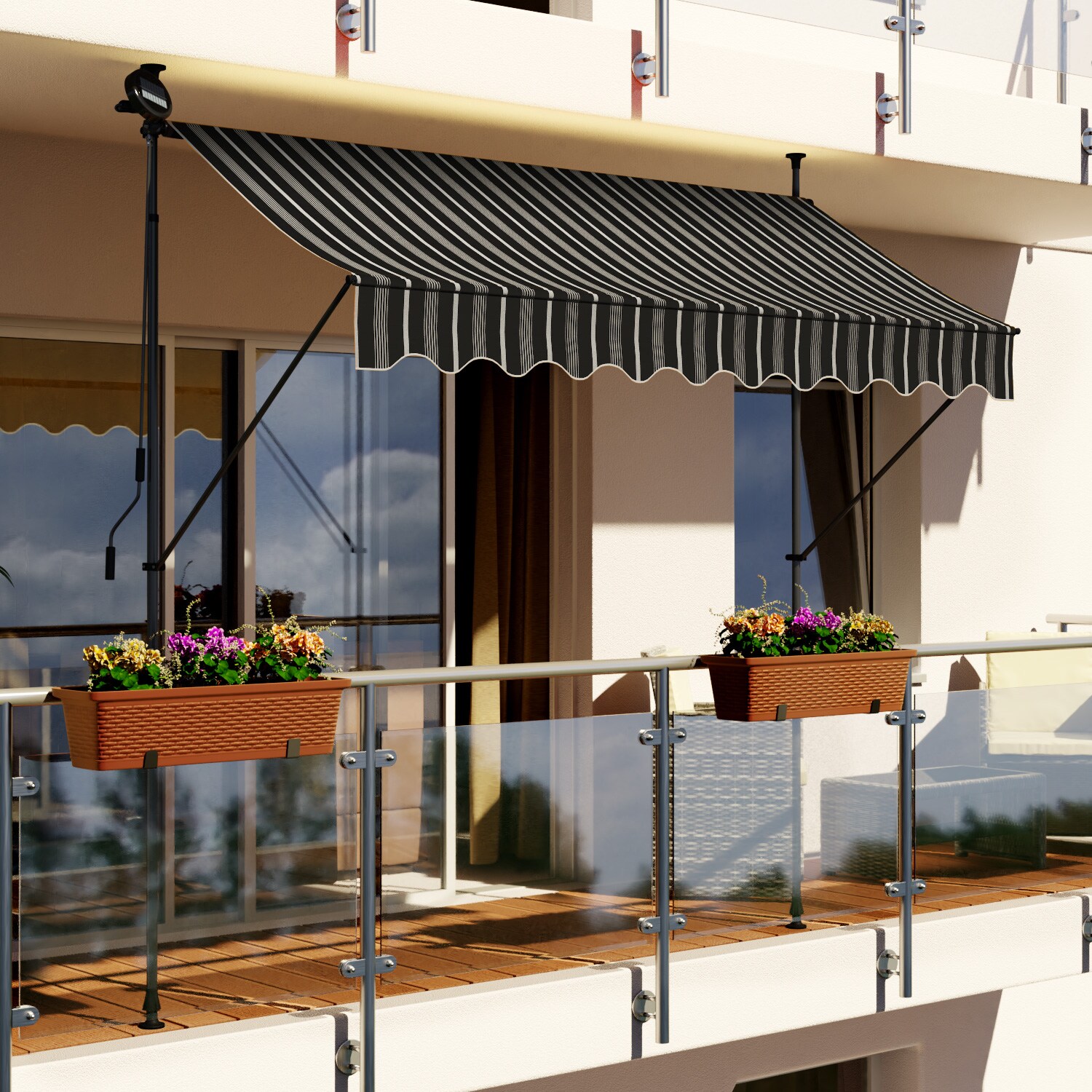 Swing&Harmonie LED - Markise mit Kurbel Klemmmarkise Balkonmarkise mit Beleuchtung und Solarmodul Fallarm Markise Sonnenschutz Terrasse …