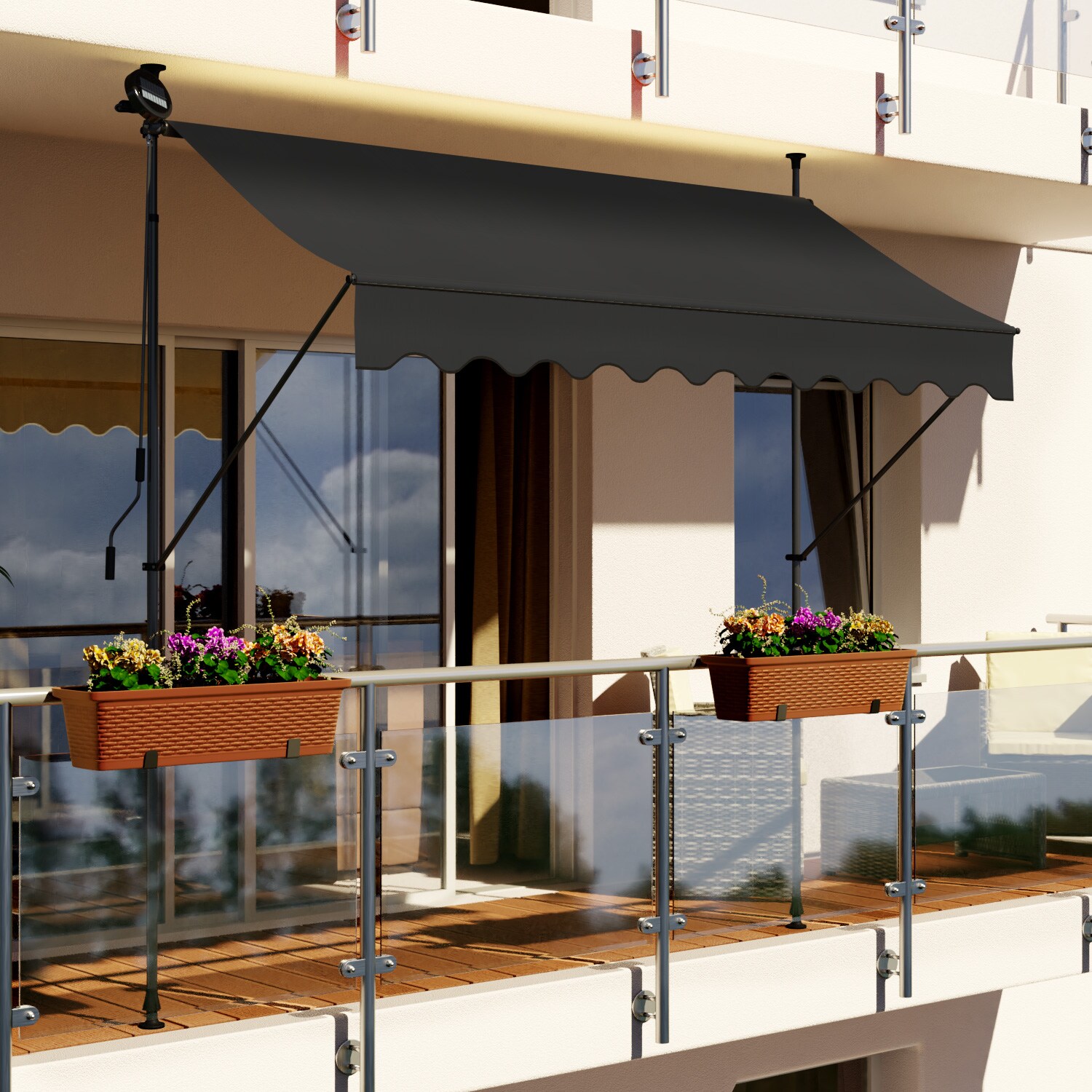 Swing&Harmonie LED - Markise mit Kurbel Klemmmarkise Balkonmarkise mit Beleuchtung und Solarmodul Fallarm Markise Sonnenschutz Terrasse Balkon - versch. Ausf&uuml;hrungen - Bild 1