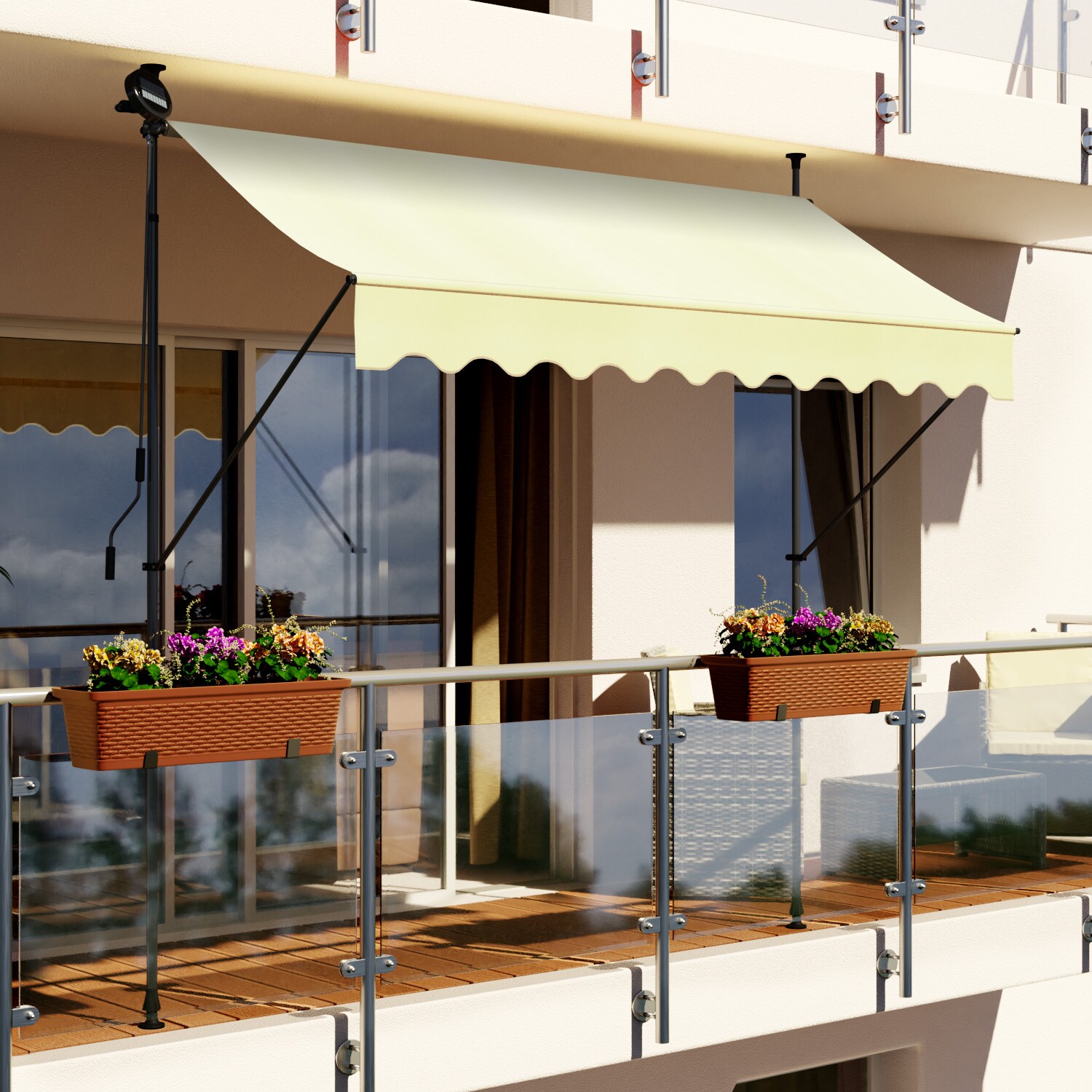 Swing&Harmonie LED - Markise mit Kurbel Klemmmarkise Balkonmarkise mit Beleuchtung und Solarmodul Fallarm Markise Sonnenschutz Terrasse …
