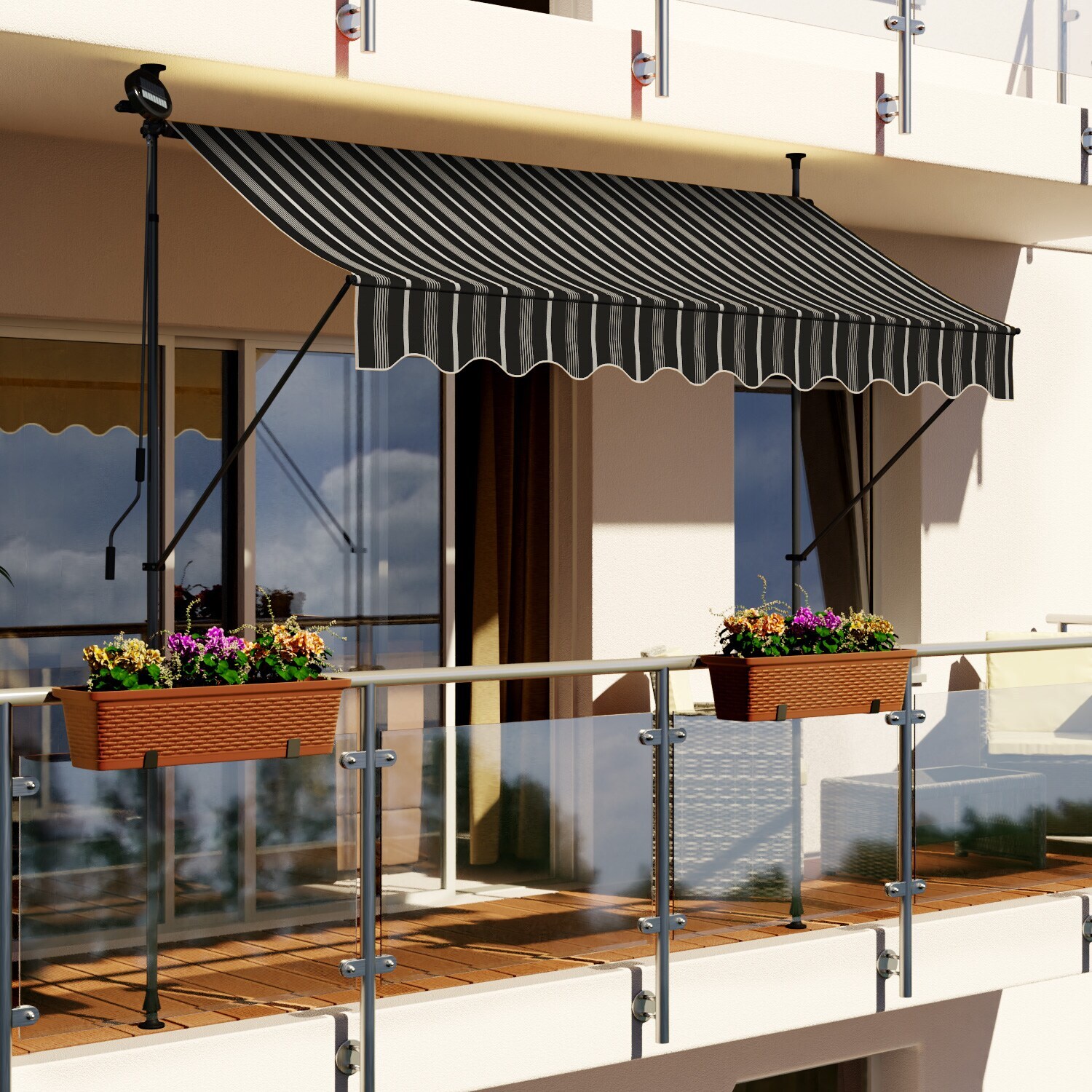 Swing&Harmonie LED - Markise mit Kurbel Klemmmarkise Balkonmarkise mit Beleuchtung und Solarmodul Fallarm Markise Sonnenschutz Terrasse …