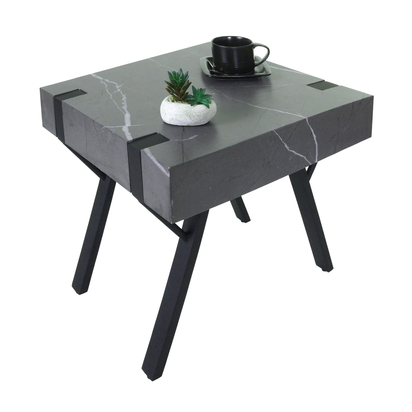 Beistelltisch MCW-L54, Kaffeetisch Nachttisch Loungetisch Couchtisch, Eisen MDF 50x55x50cm ~ Marmor-Optik grau