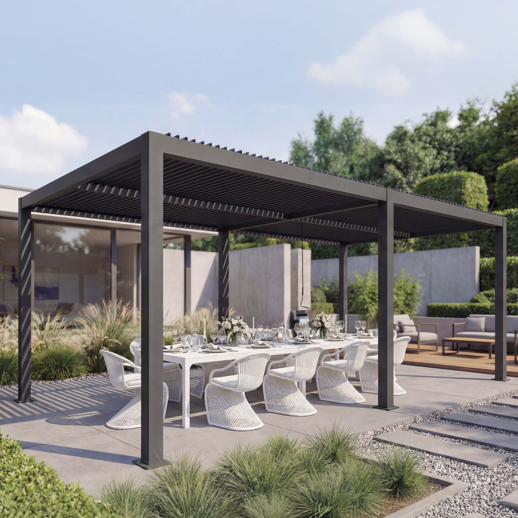 Pergola MCW-L46, Gartenpavillon Lamellen-Pavillon, 10cm-Aluminium-Gestell, Regenrinne sturmfest, 3x6m ~ anthrazit