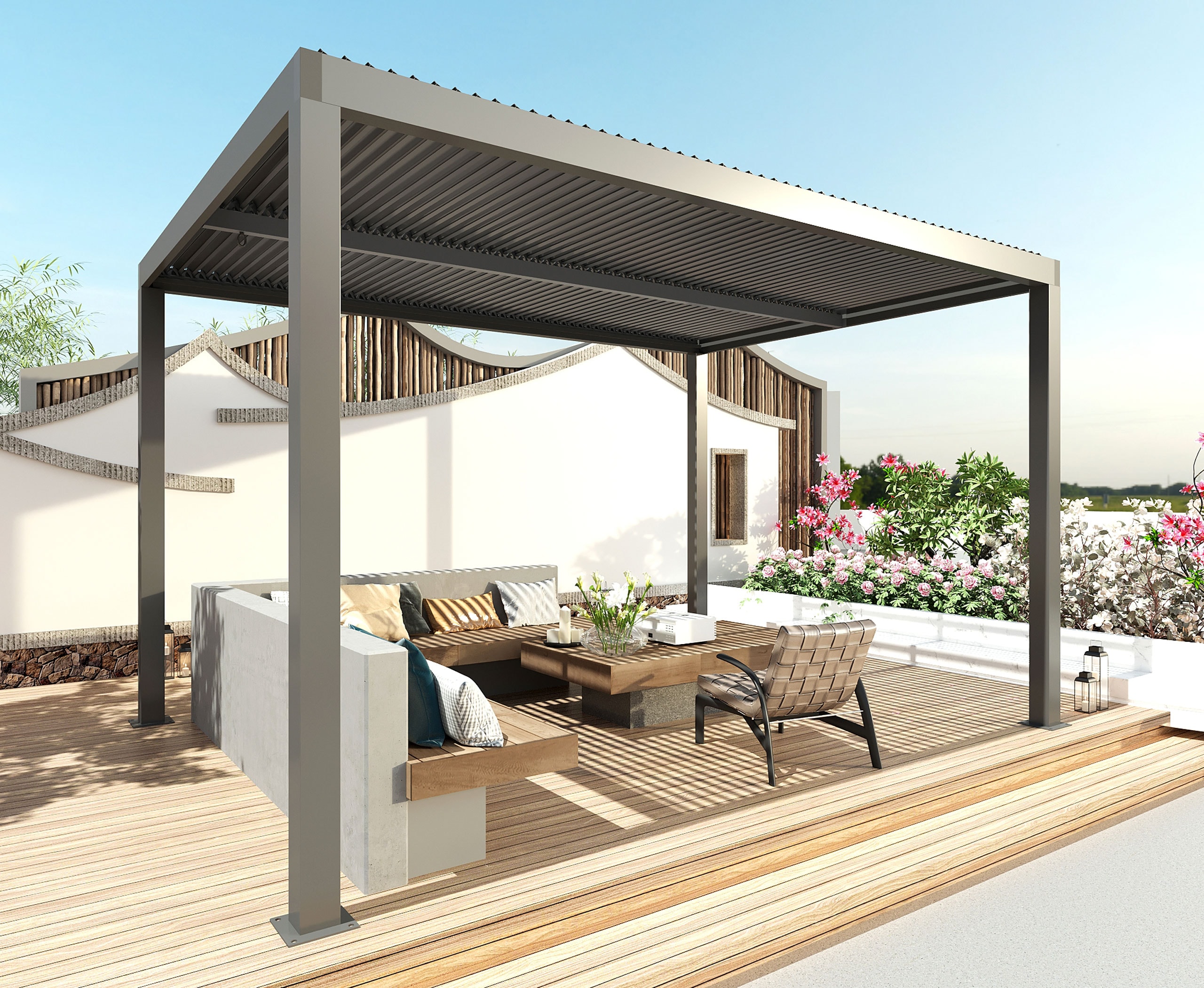Pergola MCW-L46, Gartenpavillon Lamellen-Pavillon, 10cm-Aluminium-Gestell, Regenrinne sturmfest, 3x3m ~ anthrazit - Bild 1