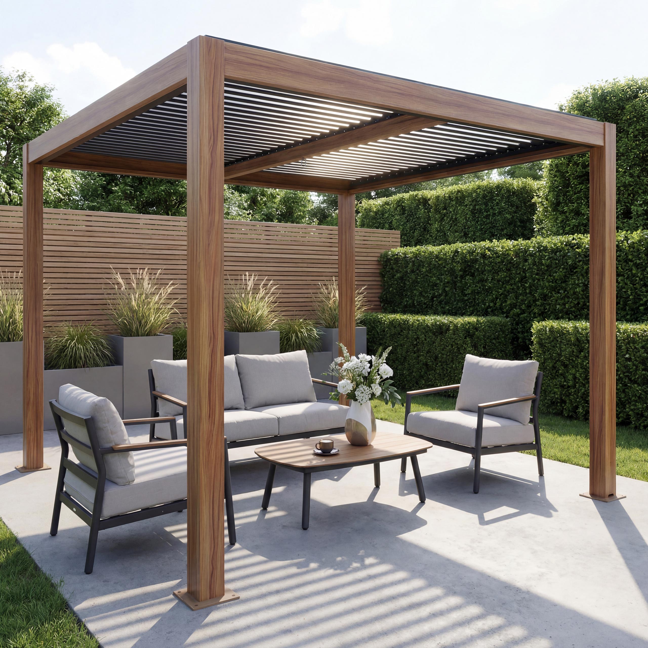 Pergola MCW-L46, Gartenpavillon Lamellen-Pavillon, 10cm-Aluminium-Gestell, Regenrinne sturmfest, 3x3m ~ Holzoptik - Bild 1