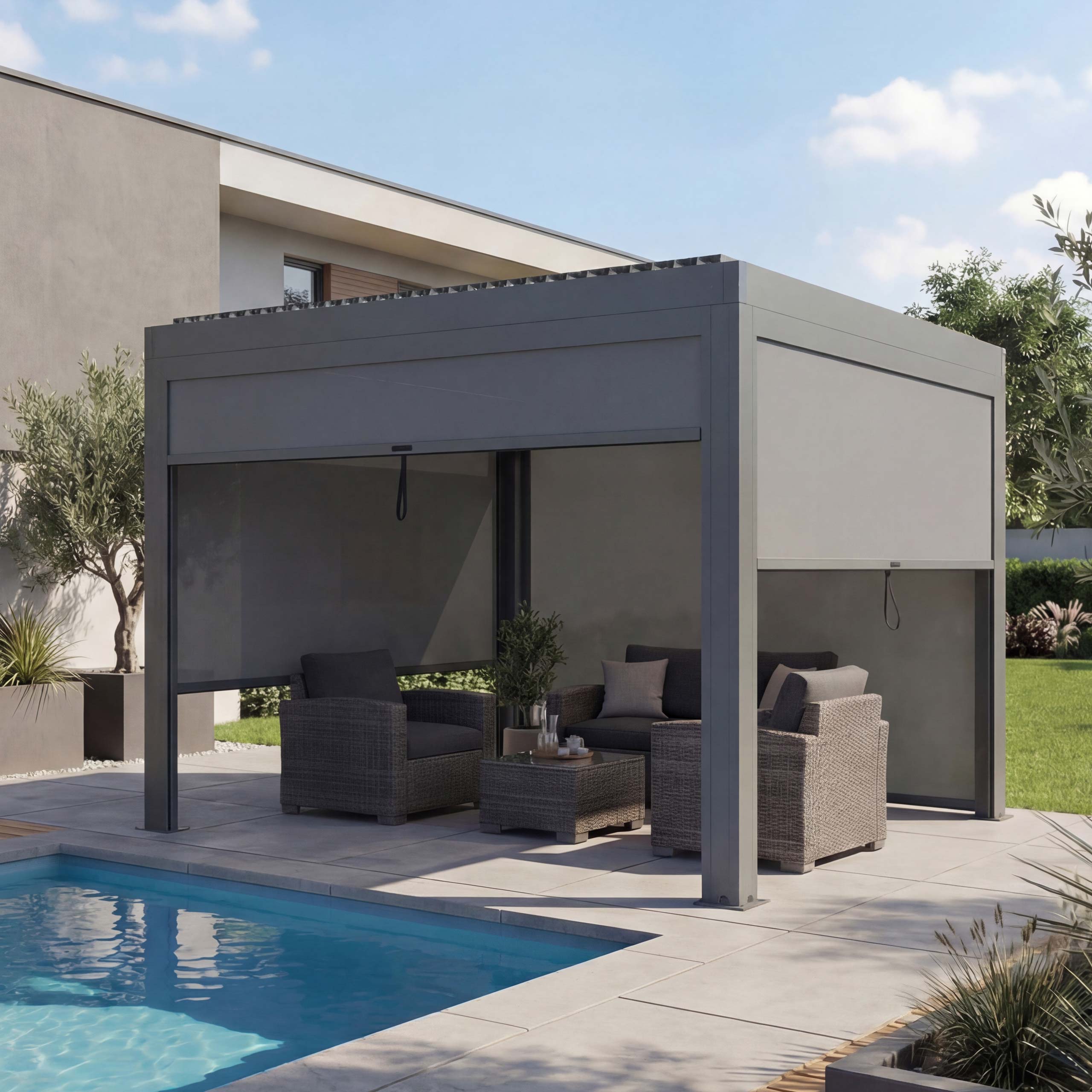 Pergola MCW-L46 mit Seitenwand, Gartenpavillon Lamellen-Pavillon Rollo, 11cm-Alu-Gestell, sturmfest 3x3m ~ anthrazit - Bild 1