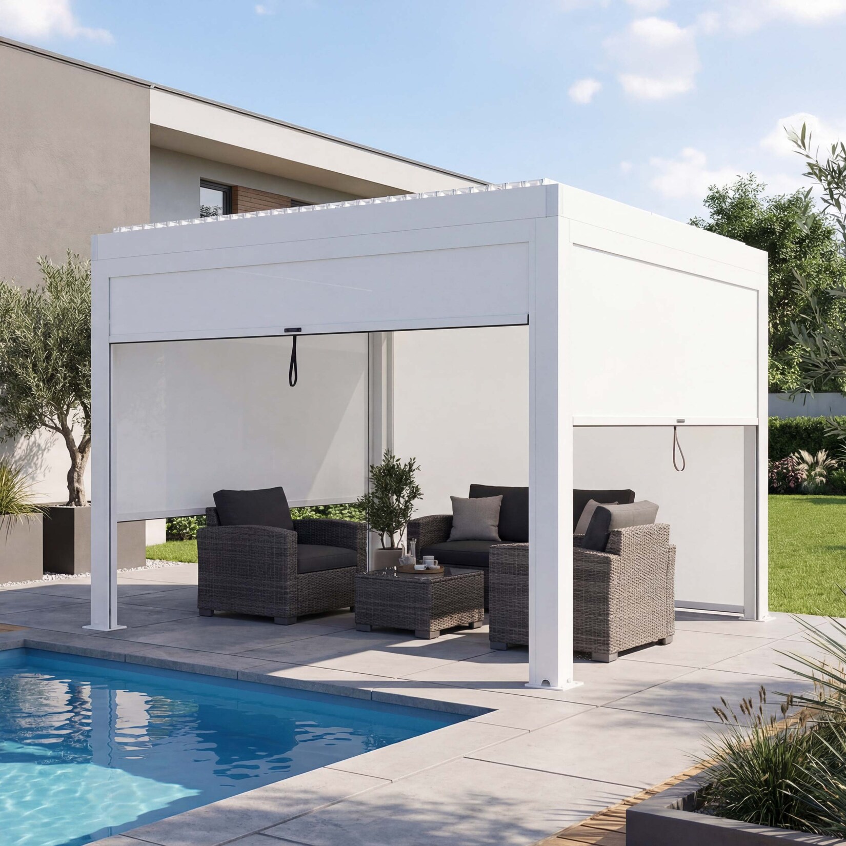 Pergola MCW-L46 mit Seitenwand, Gartenpavillon Lamellen-Pavillon Rollo, 11cm-Alu-Gestell, sturmfest 3x3m ~ weiß