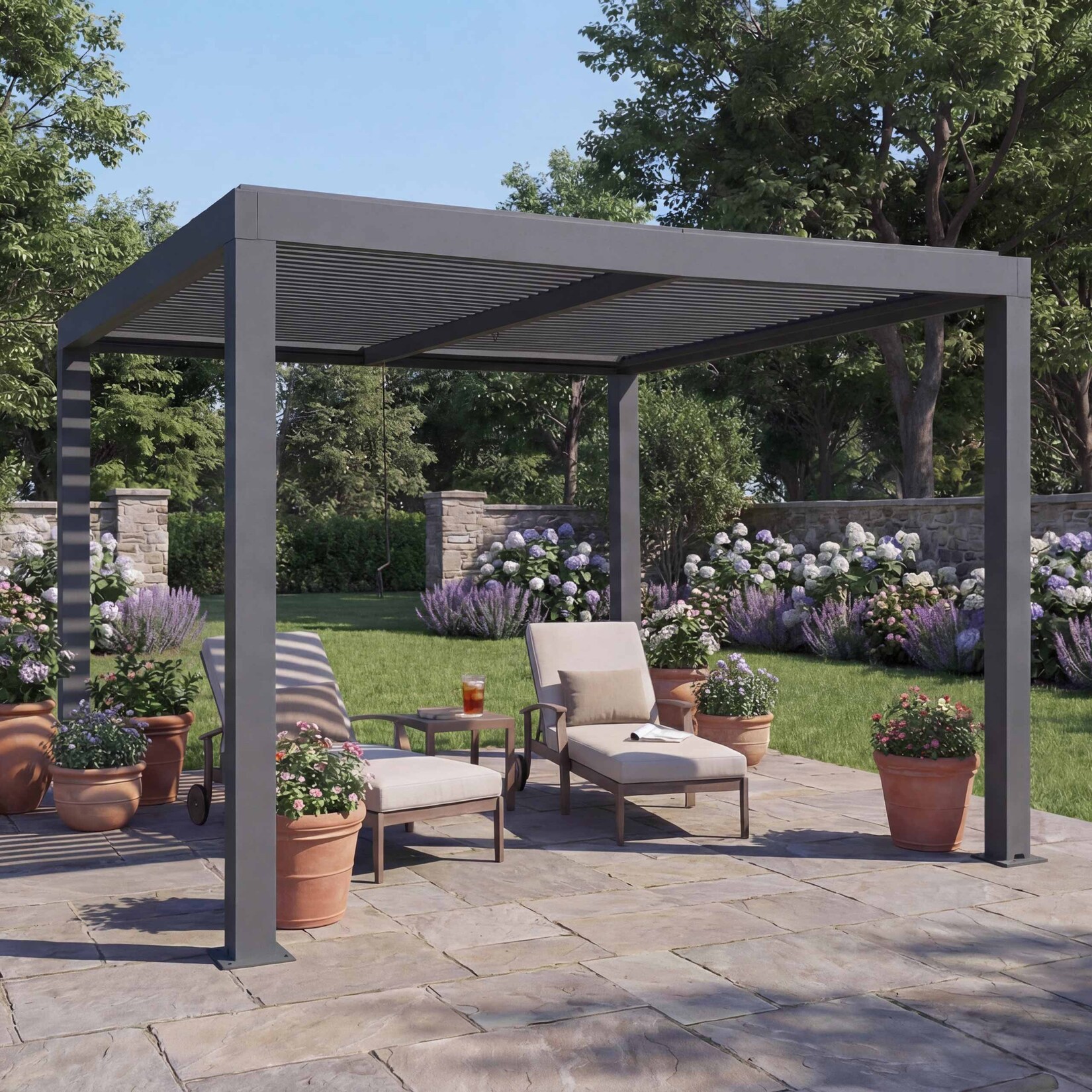 Pergola MCW-L46, Gartenpavillon Lamellen-Pavillon, 11cm-Aluminium-Gestell, Regenrinne sturmfest, 3x3m ~ anthrazit