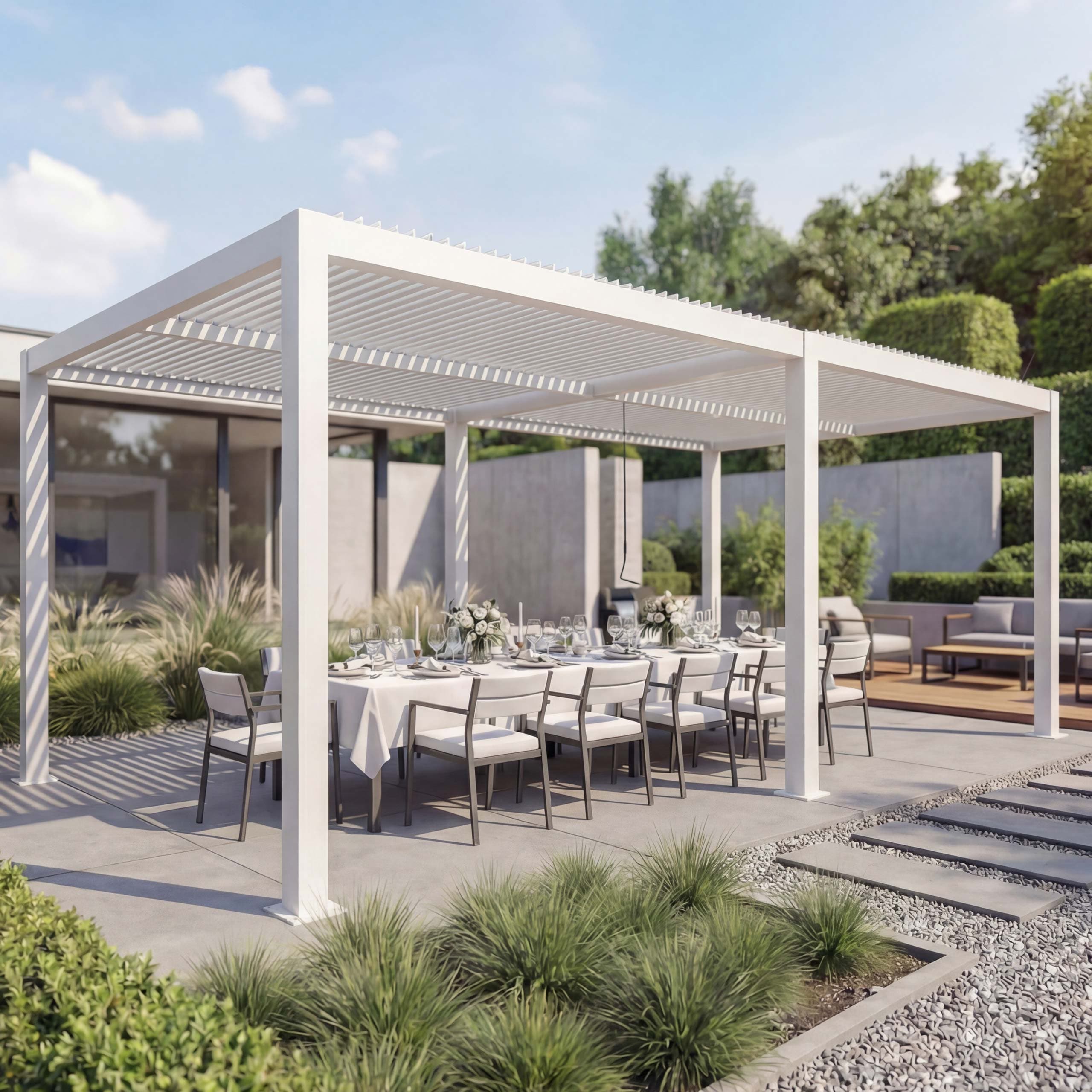 Pergola MCW-L46, Gartenpavillon Lamellen-Pavillon, 11cm-Aluminium-Gestell, Regenrinne sturmfest, 3x6m ~ wei&szlig; - Bild 1