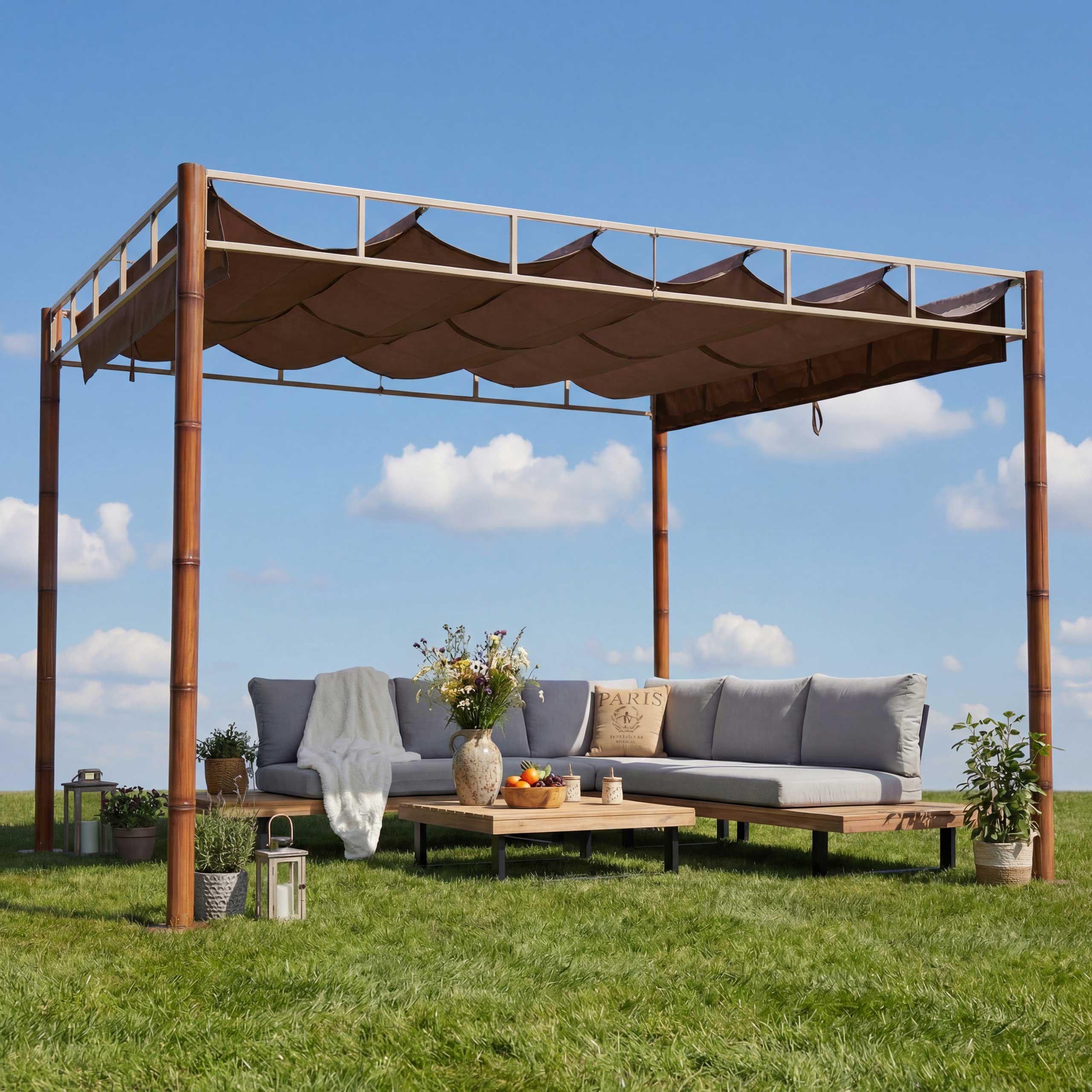 Pergola MCW-L42, Garten Pavillon Terrassen&uuml;berdachung, stabiles 7cm-Metall-Gestell 3x3m Bambus-Optik ~ taupe-braun - Bild 1