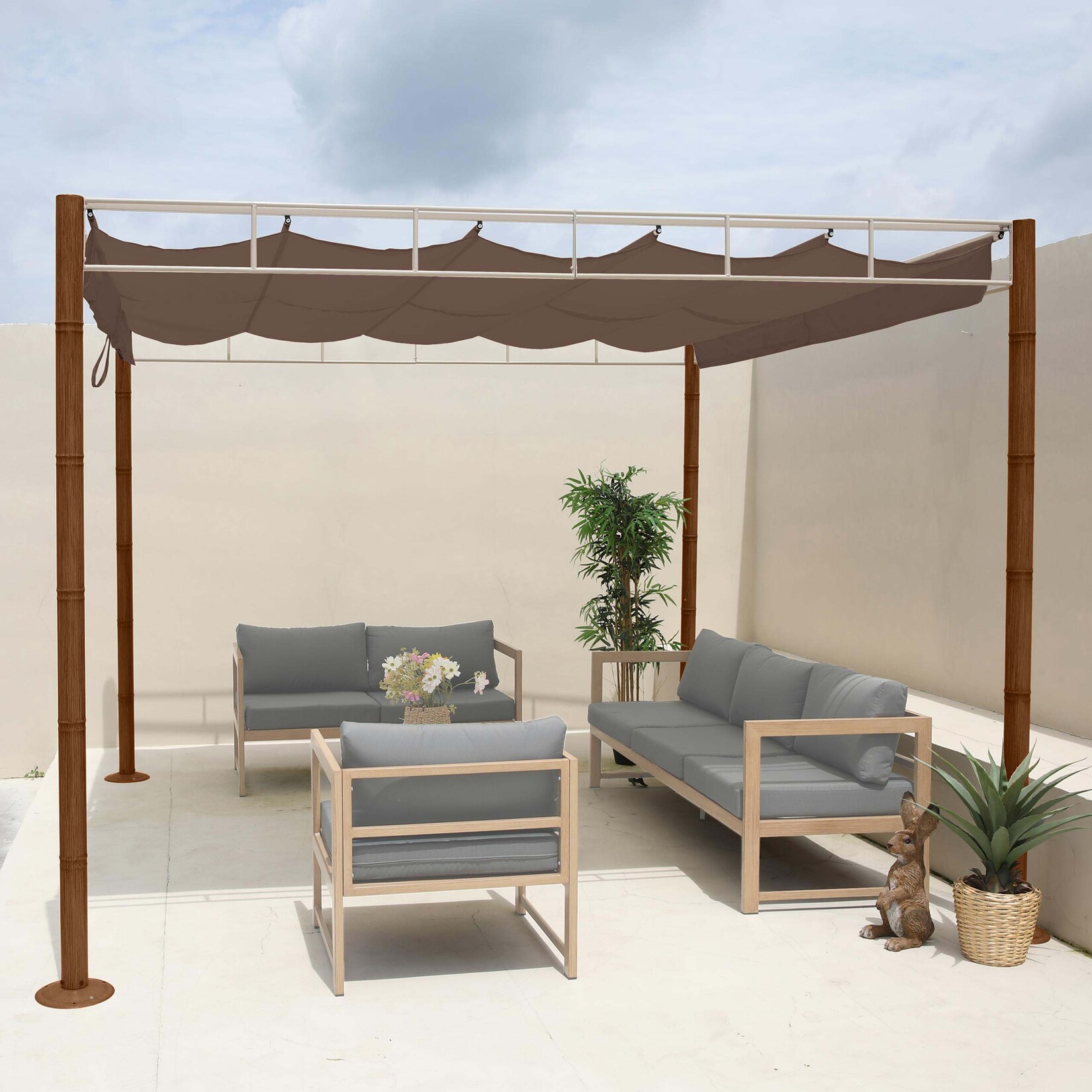 Pergola MCW-L42, Garten Pavillon Terrassenüberdachung, stabiles 7cm-Metall-Gestell 3x3m Bambus-Optik ~ taupe-braun | 04057651797632