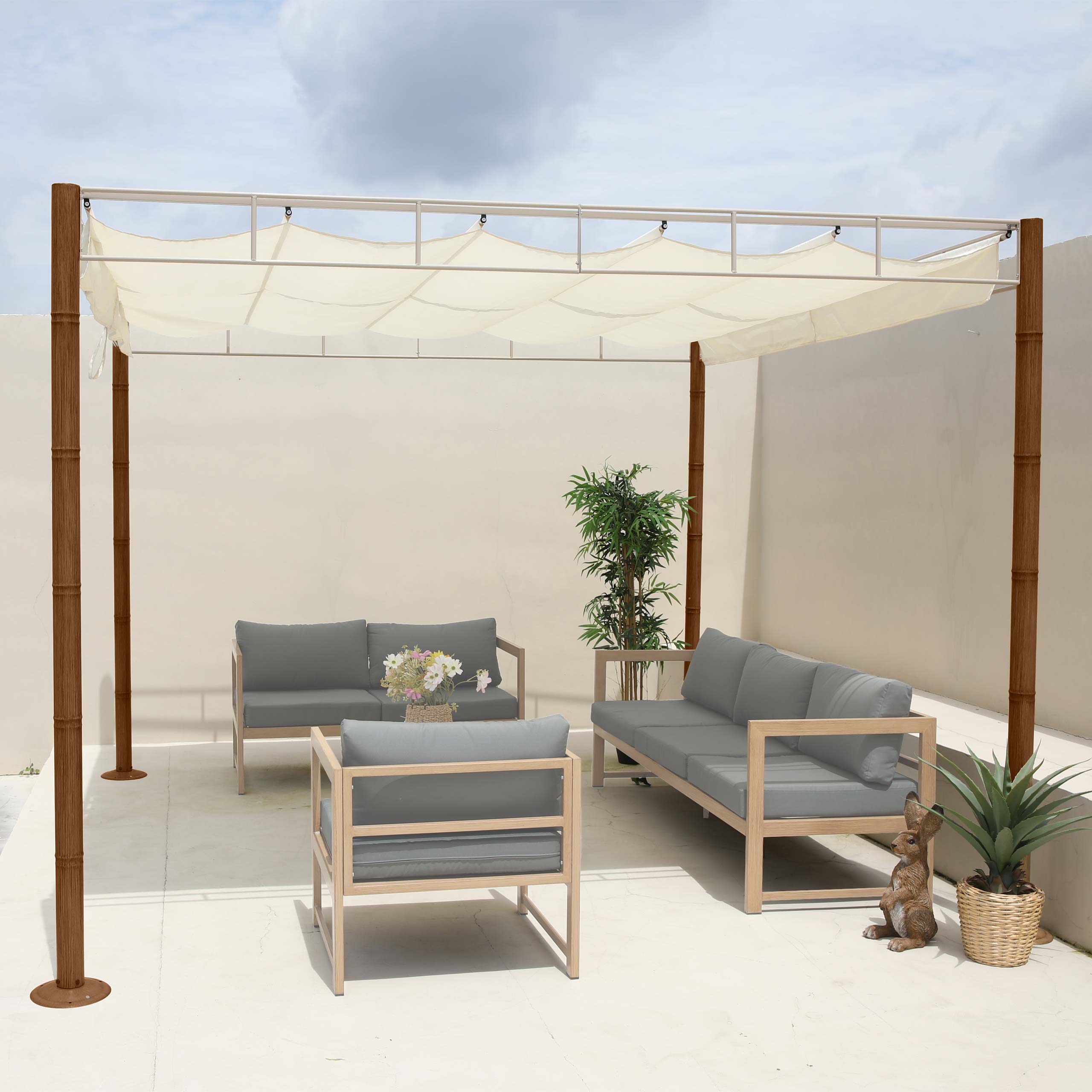 Pergola MCW-L42, Garten Pavillon Terrassen&uuml;berdachung, stabiles 7cm-Metall-Gestell 3x3m Bambus-Optik ~ creme-wei&szlig; - Bild 1