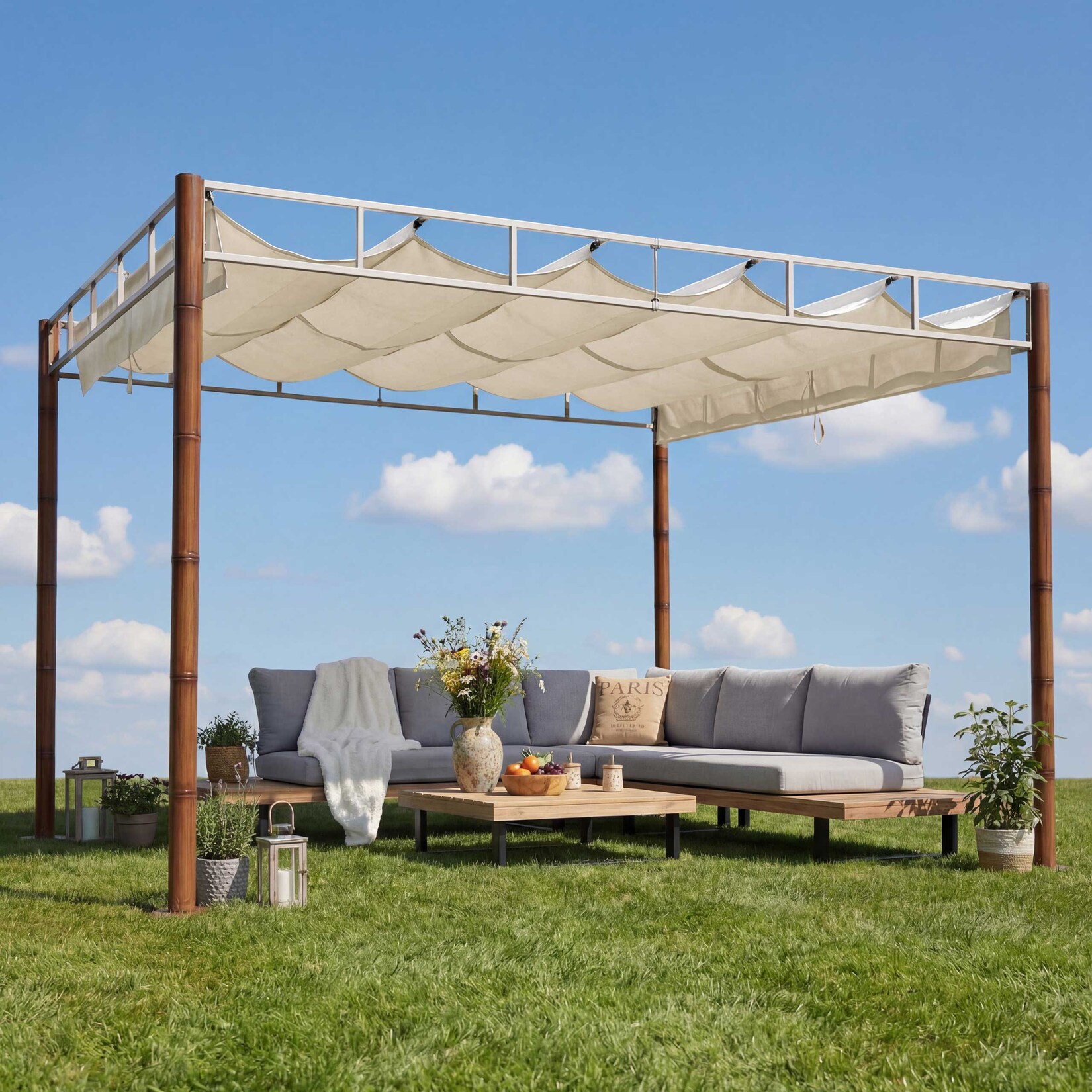 Pergola MCW-L42, Garten Pavillon Terrassenüberdachung, stabiles 7cm-Metall-Gestell 3x3m Bambus-Optik ~ creme-weiß